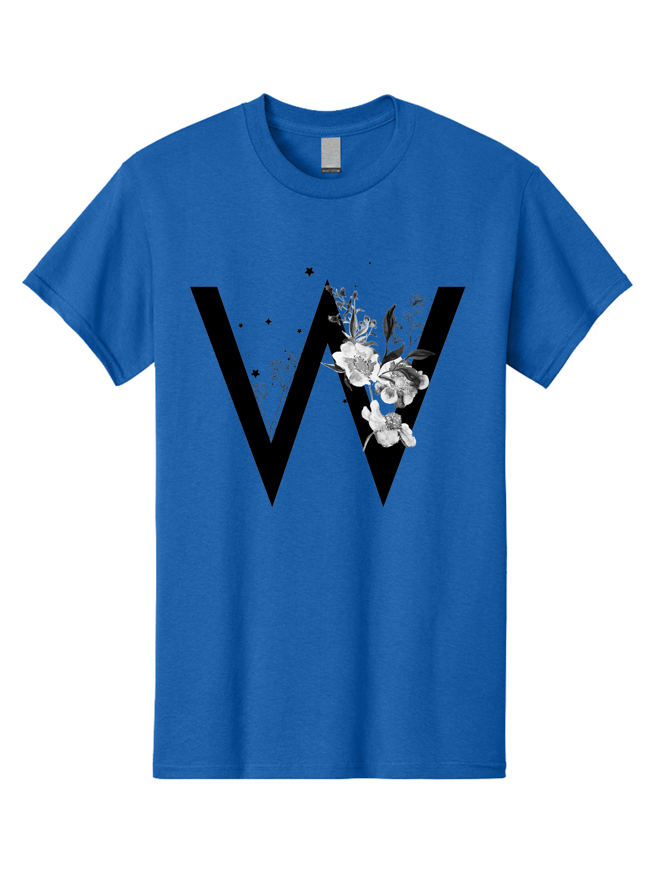 W Men'S Graphic Tee, 100% Cotton, Comfortable Casual Summer Wear, Machine Washable, Floral Letter W, Black And White Flowers, Elegant Design, Floral Theme, Typography, Artistic Lettering, Decorative Alphabet, Flowers And Stars Aac360 13
