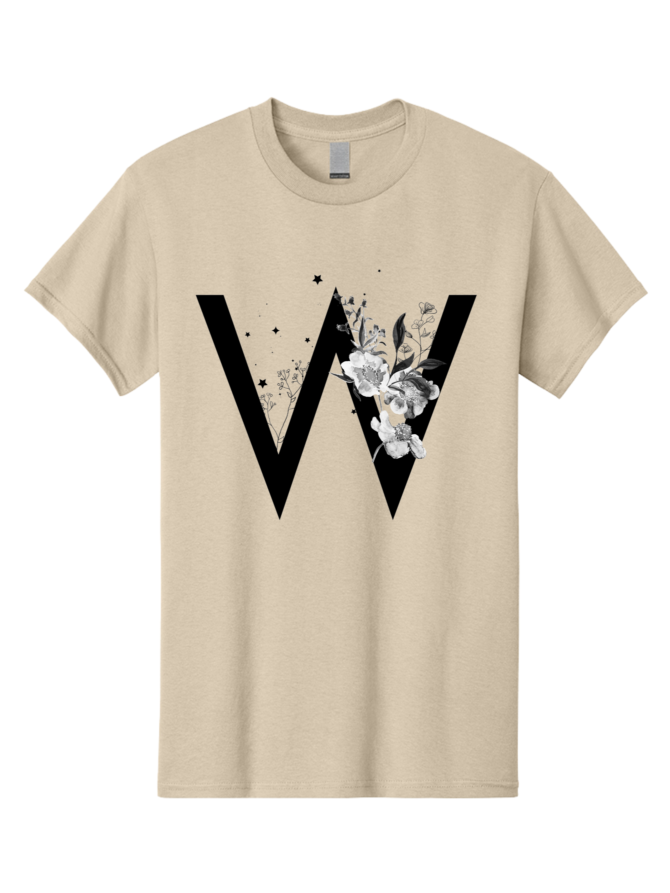 W Men'S Graphic Tee, 100% Cotton, Comfortable Casual Summer Wear, Machine Washable, Floral Letter W, Black And White Flowers, Elegant Design, Floral Theme, Typography, Artistic Lettering, Decorative Alphabet, Flowers And Stars Aac360 3