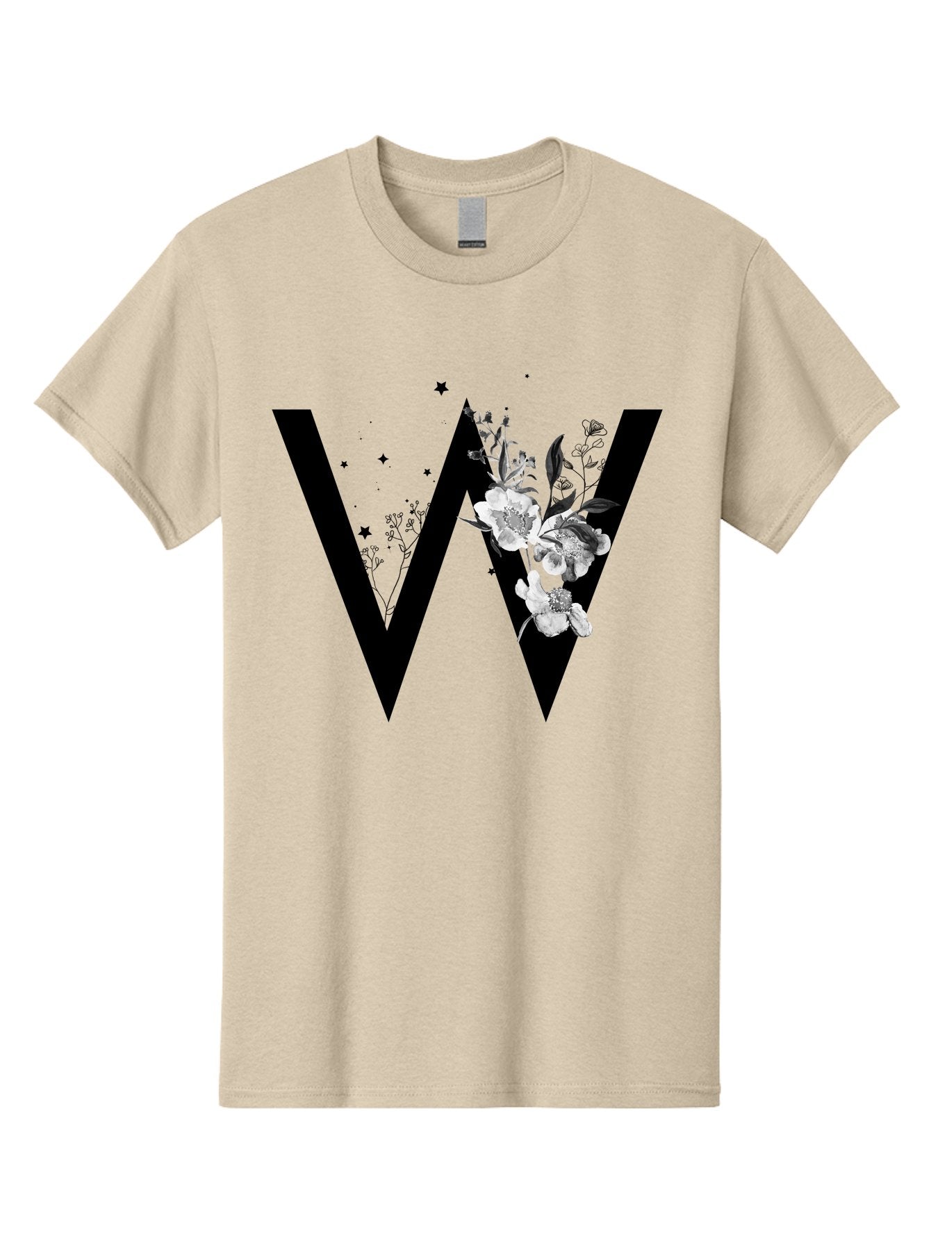 W Men'S Graphic Tee, 100% Cotton, Comfortable Casual Summer Wear, Machine Washable, Floral Letter W, Black And White Flowers, Elegant Design, Floral Theme, Typography, Artistic Lettering, Decorative Alphabet, Flowers And Stars Aac360 14