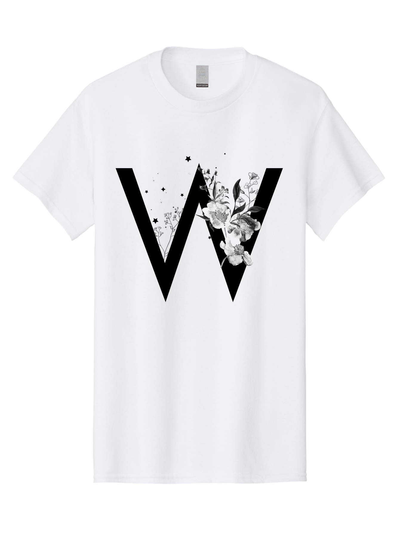 W Men'S Graphic Tee, 100% Cotton, Comfortable Casual Summer Wear, Machine Washable, Floral Letter W, Black And White Flowers, Elegant Design, Floral Theme, Typography, Artistic Lettering, Decorative Alphabet, Flowers And Stars Aac360 15