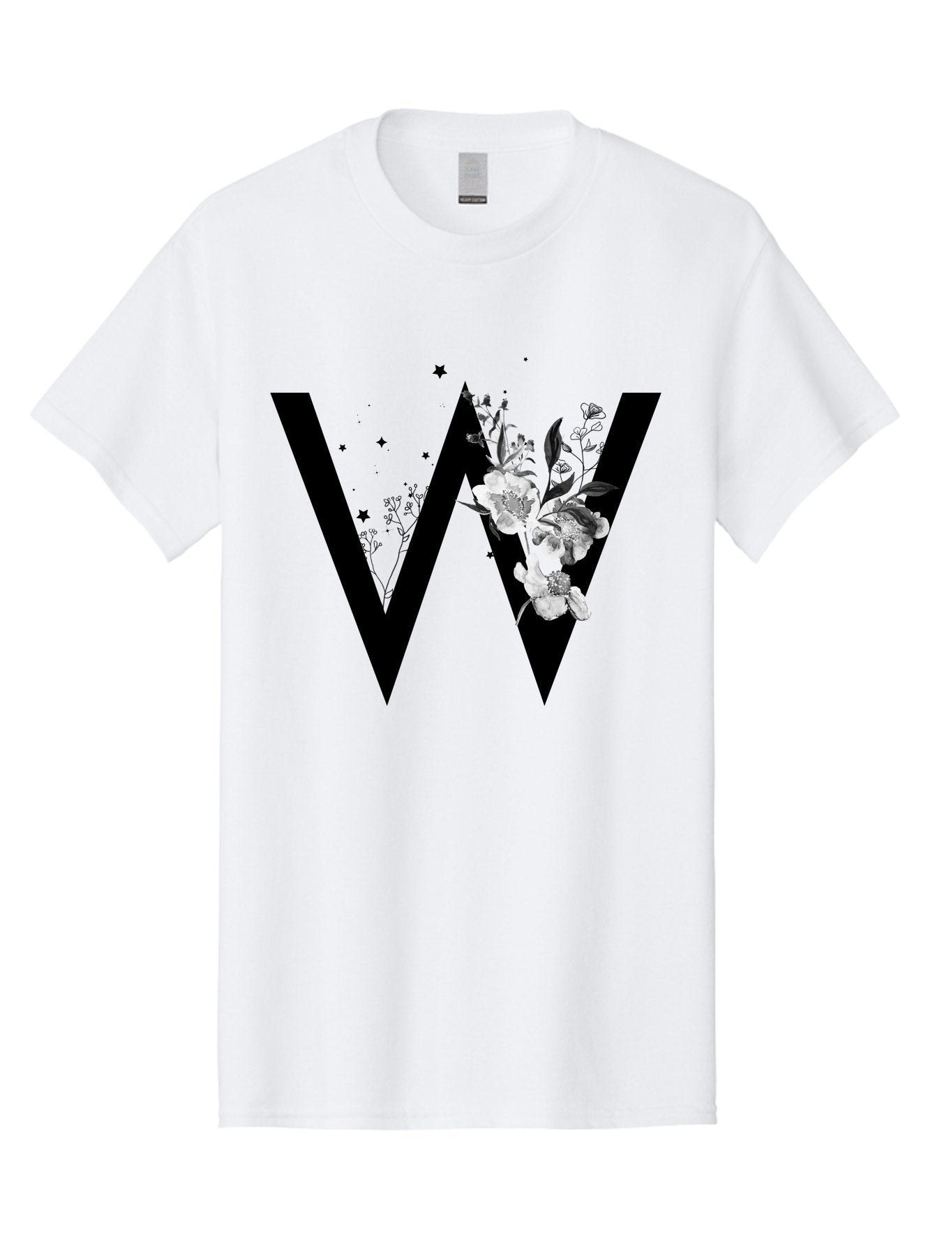 W Men'S Graphic Tee, 100% Cotton, Comfortable Casual Summer Wear, Machine Washable, Floral Letter W, Black And White Flowers, Elegant Design, Floral Theme, Typography, Artistic Lettering, Decorative Alphabet, Flowers And Stars Aac360 5