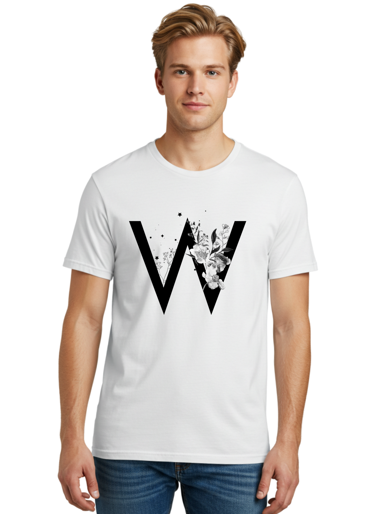 W Men'S Graphic Tee, 100% Cotton, Comfortable Casual Summer Wear, Machine Washable, Floral Letter W, Black And White Flowers, Elegant Design, Floral Theme, Typography, Artistic Lettering, Decorative Alphabet, Flowers And Stars Aac360 16