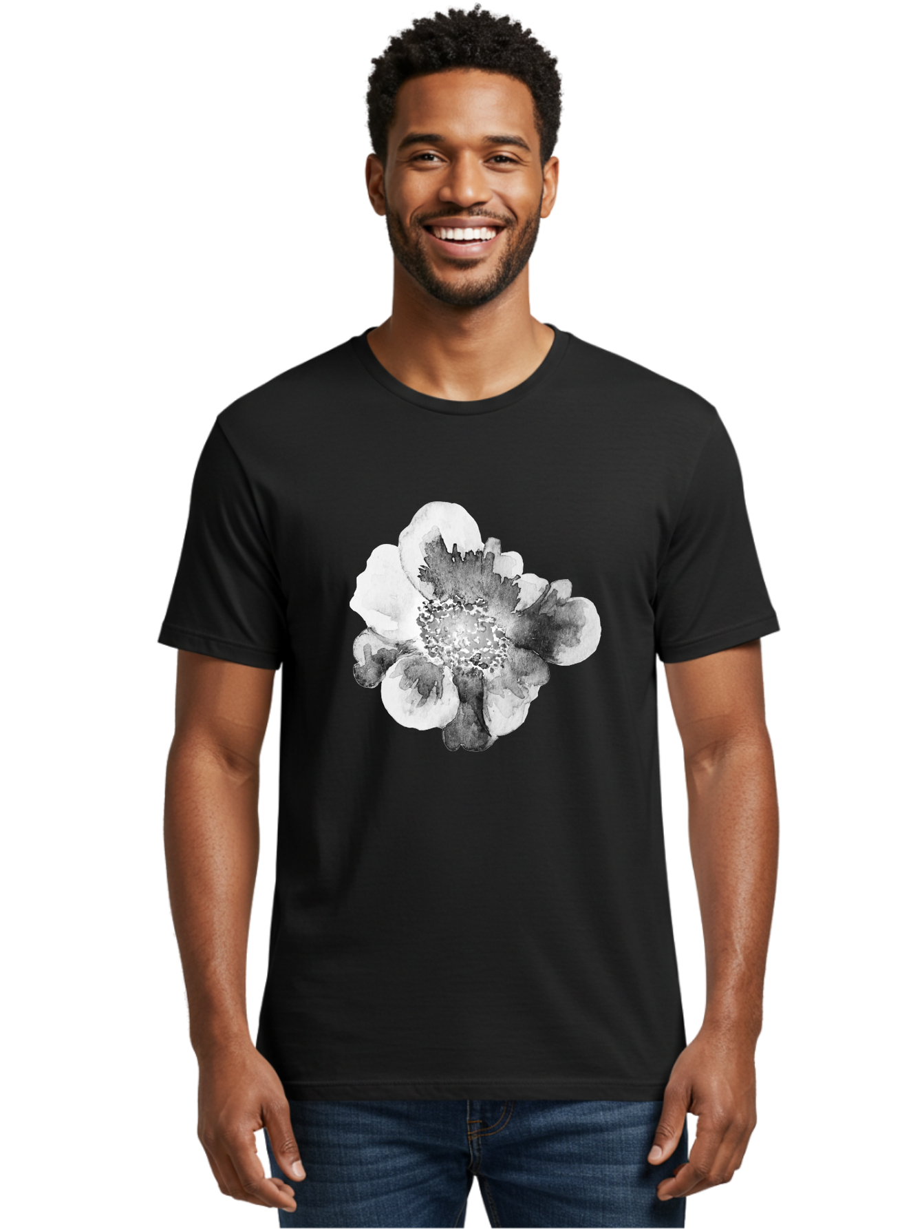 Watercolor-Flower Men'S Graphic Tee, 100% Cotton, Comfortable Casual Summer Wear, Machine Washable, Watercolor Flower, Black And White Petals, Delicate Artwork, Floral Design, Artistic Expression, Elegant Simplicity, Minimalist Style, Aac361