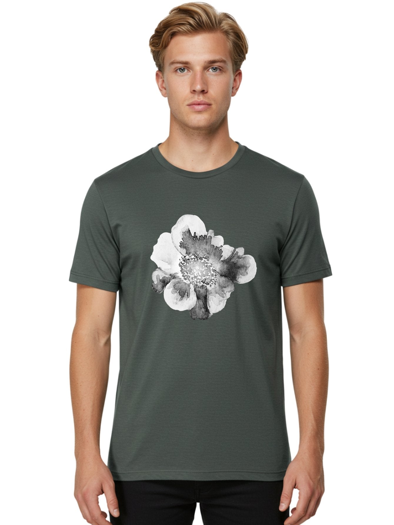 Watercolor-Flower Men'S Graphic Tee, 100% Cotton, Comfortable Casual Summer Wear, Machine Washable, Watercolor Flower, Black And White Petals, Delicate Artwork, Floral Design, Artistic Expression, Elegant Simplicity, Minimalist Style, Aac361 28