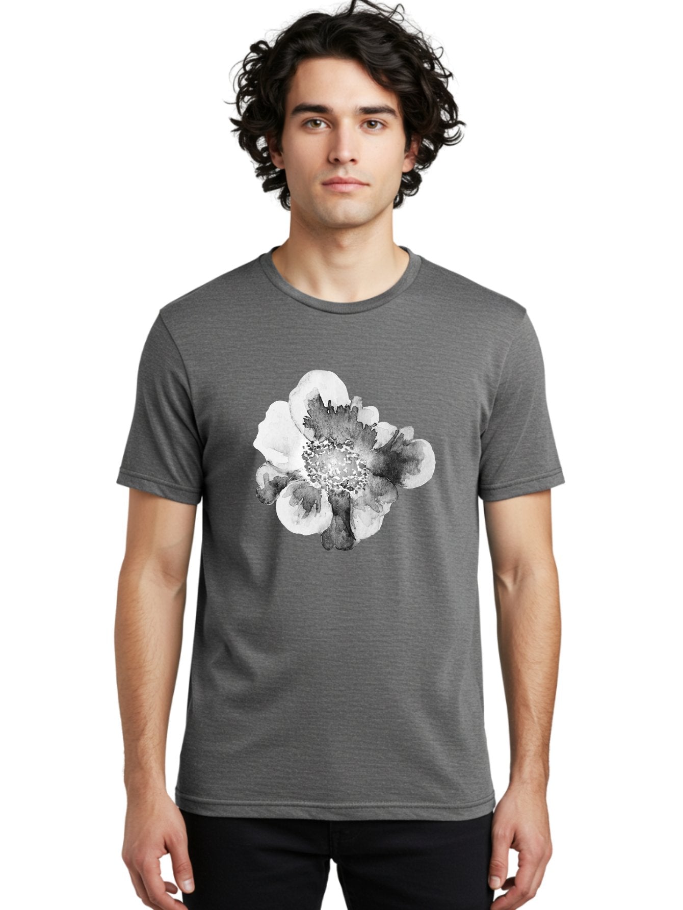 Watercolor-Flower Men'S Graphic Tee, 100% Cotton, Comfortable Casual Summer Wear, Machine Washable, Watercolor Flower, Black And White Petals, Delicate Artwork, Floral Design, Artistic Expression, Elegant Simplicity, Minimalist Style, Aac361 17