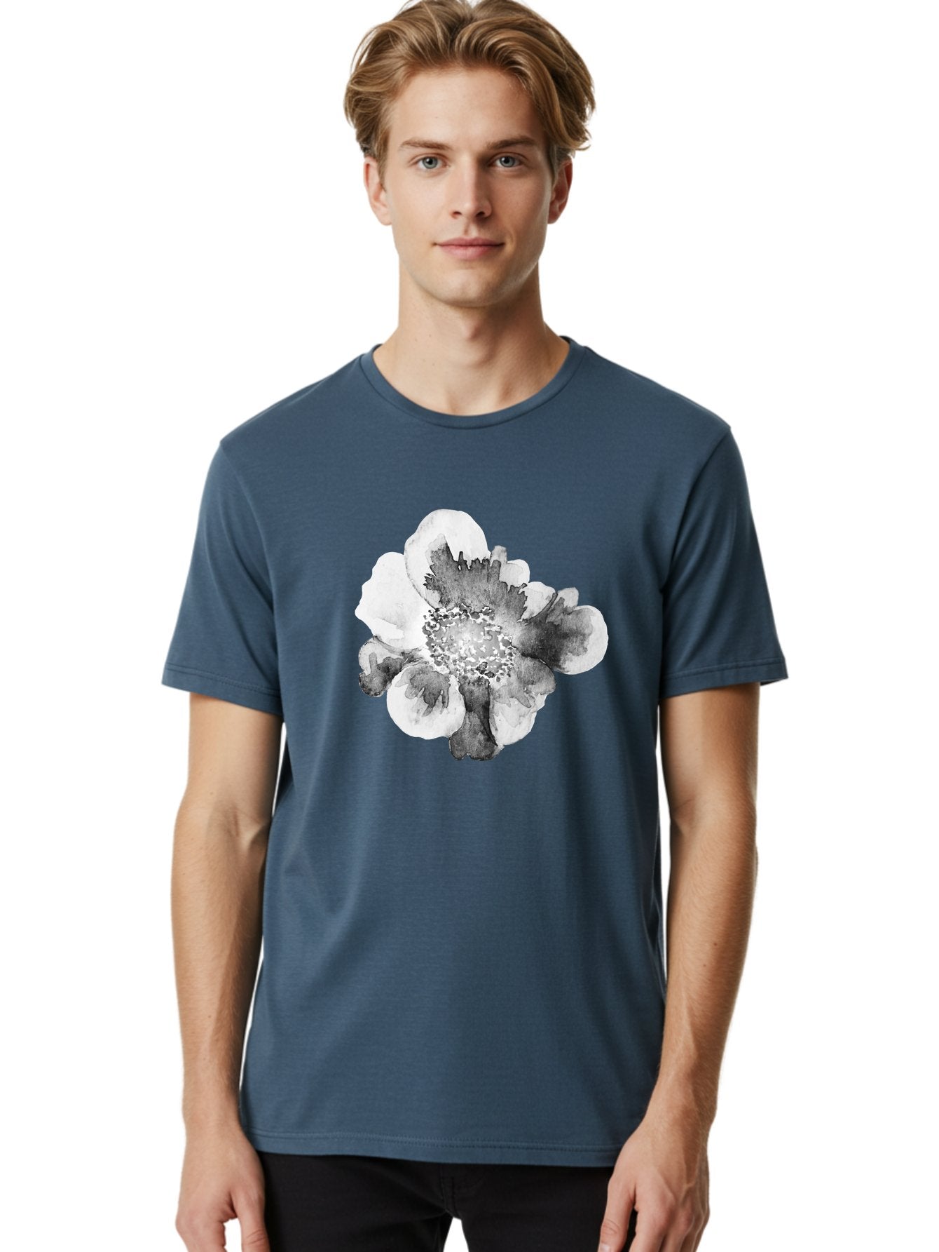 Watercolor-Flower Men'S Graphic Tee, 100% Cotton, Comfortable Casual Summer Wear, Machine Washable, Watercolor Flower, Black And White Petals, Delicate Artwork, Floral Design, Artistic Expression, Elegant Simplicity, Minimalist Style, Aac361 20