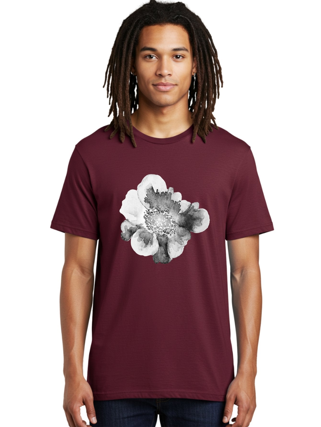 Watercolor-Flower Men'S Graphic Tee, 100% Cotton, Comfortable Casual Summer Wear, Machine Washable, Watercolor Flower, Black And White Petals, Delicate Artwork, Floral Design, Artistic Expression, Elegant Simplicity, Minimalist Style, Aac361 25