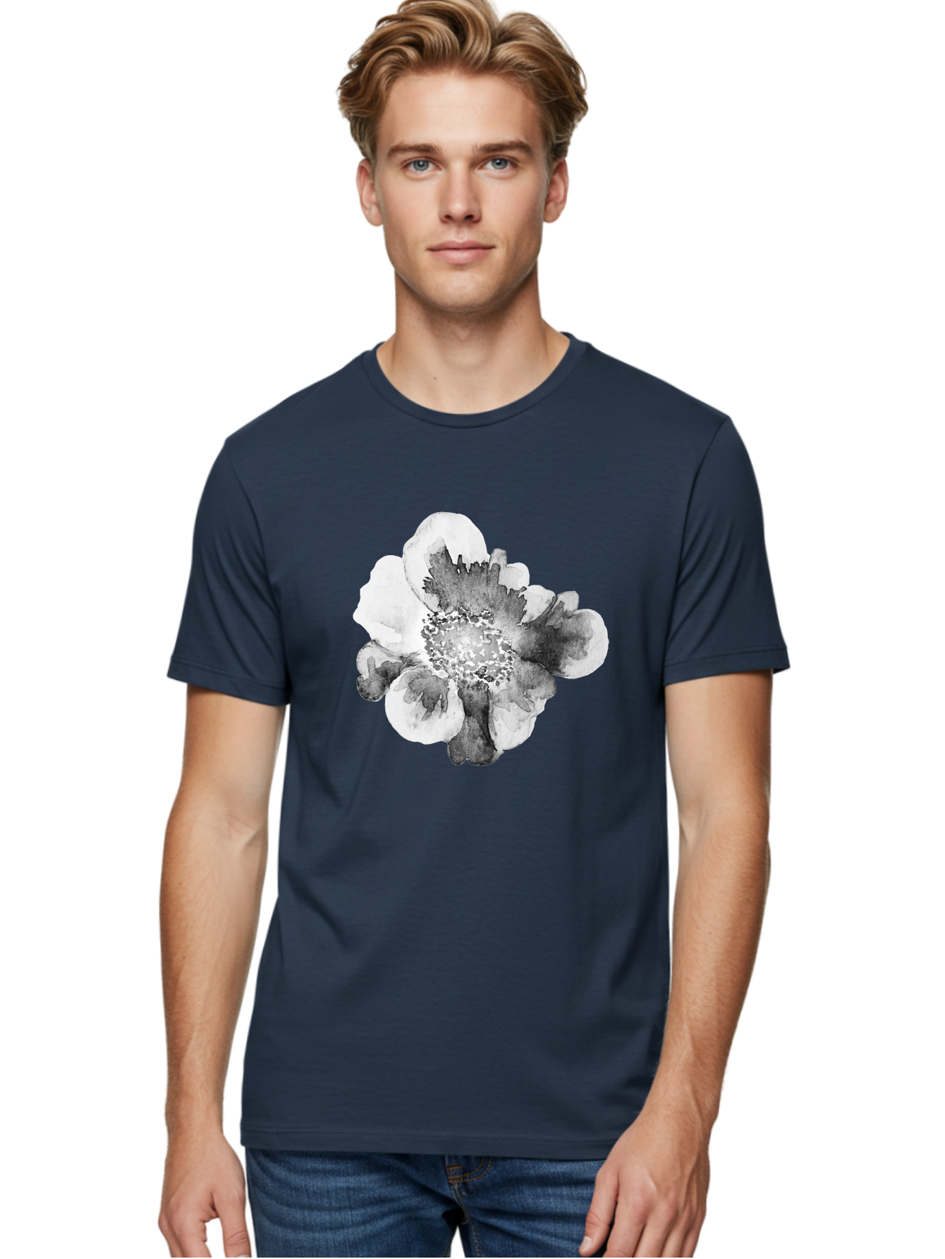 Watercolor-Flower Men'S Graphic Tee, 100% Cotton, Comfortable Casual Summer Wear, Machine Washable, Watercolor Flower, Black And White Petals, Delicate Artwork, Floral Design, Artistic Expression, Elegant Simplicity, Minimalist Style, Aac361 10