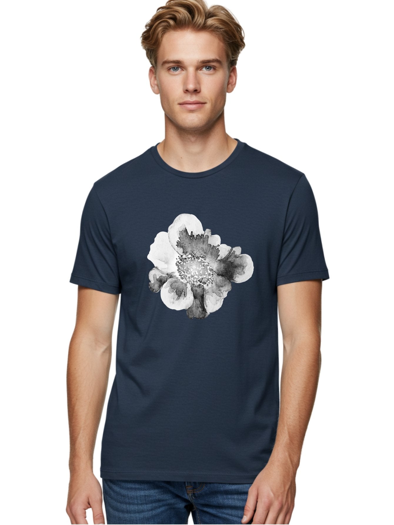 Watercolor-Flower Men'S Graphic Tee, 100% Cotton, Comfortable Casual Summer Wear, Machine Washable, Watercolor Flower, Black And White Petals, Delicate Artwork, Floral Design, Artistic Expression, Elegant Simplicity, Minimalist Style, Aac361 26