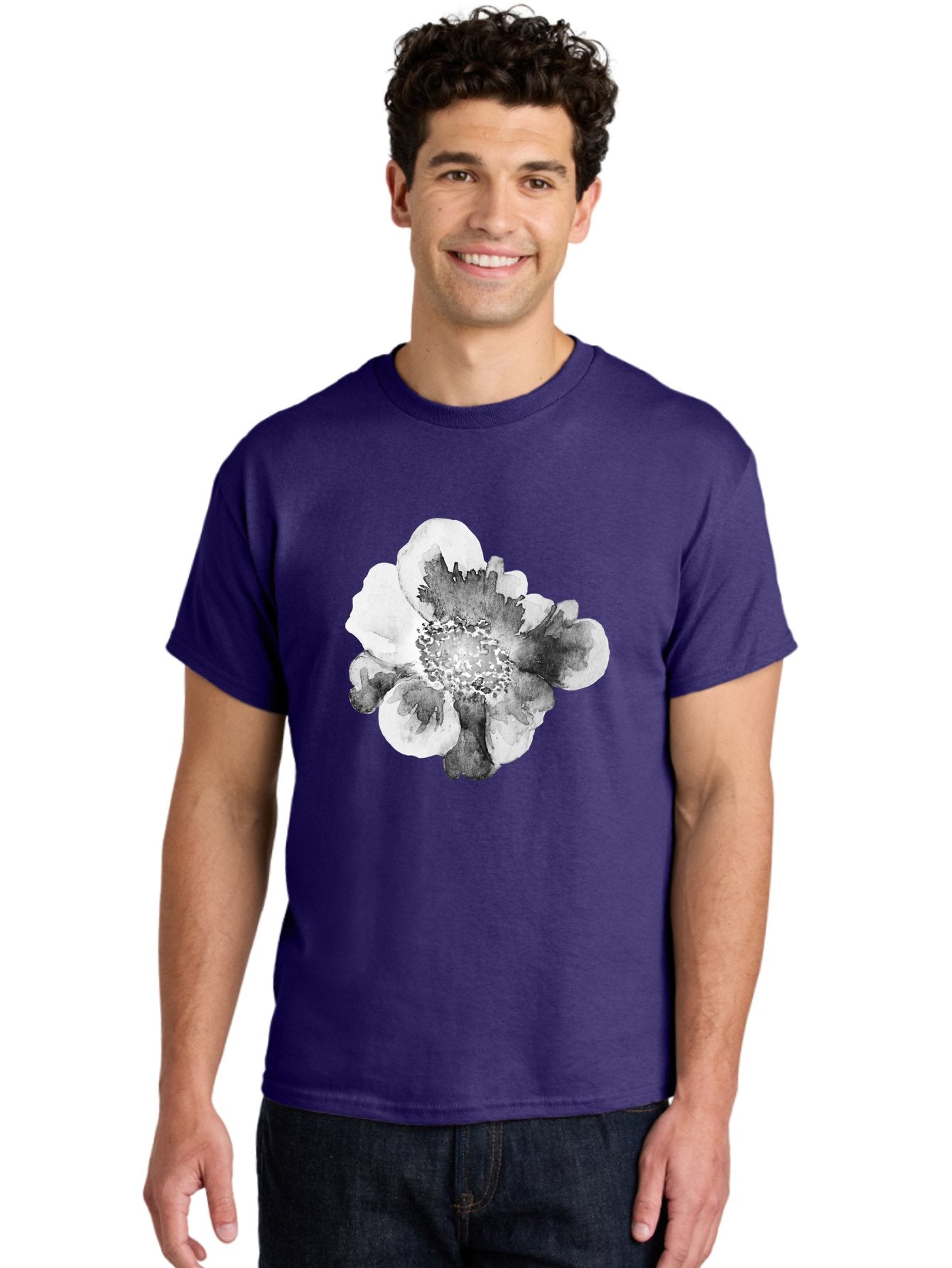 Watercolor-Flower Men'S Graphic Tee, 100% Cotton, Comfortable Casual Summer Wear, Machine Washable, Watercolor Flower, Black And White Petals, Delicate Artwork, Floral Design, Artistic Expression, Elegant Simplicity, Minimalist Style, Aac361 23