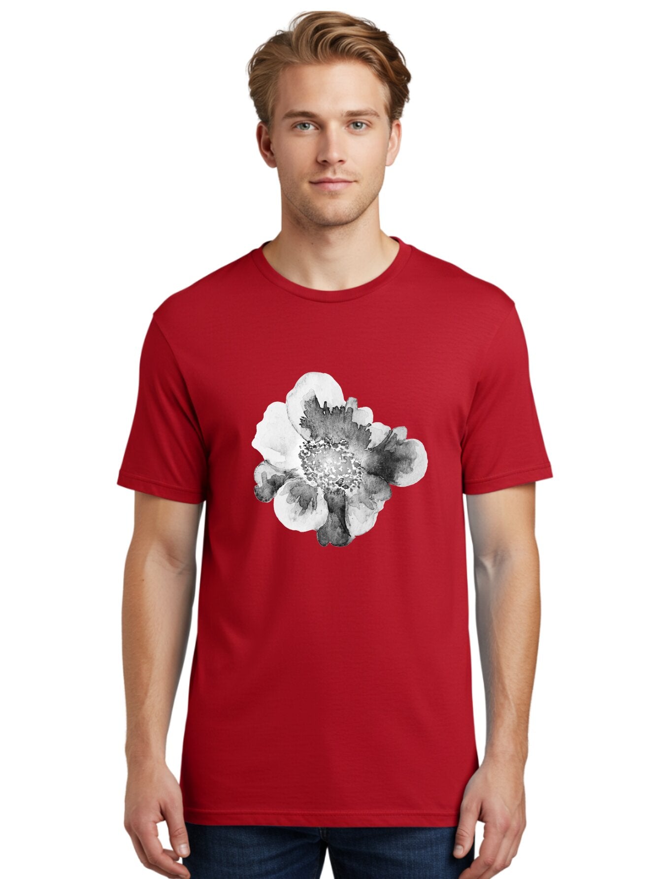 Watercolor-Flower Men'S Graphic Tee, 100% Cotton, Comfortable Casual Summer Wear, Machine Washable, Watercolor Flower, Black And White Petals, Delicate Artwork, Floral Design, Artistic Expression, Elegant Simplicity, Minimalist Style, Aac361 21