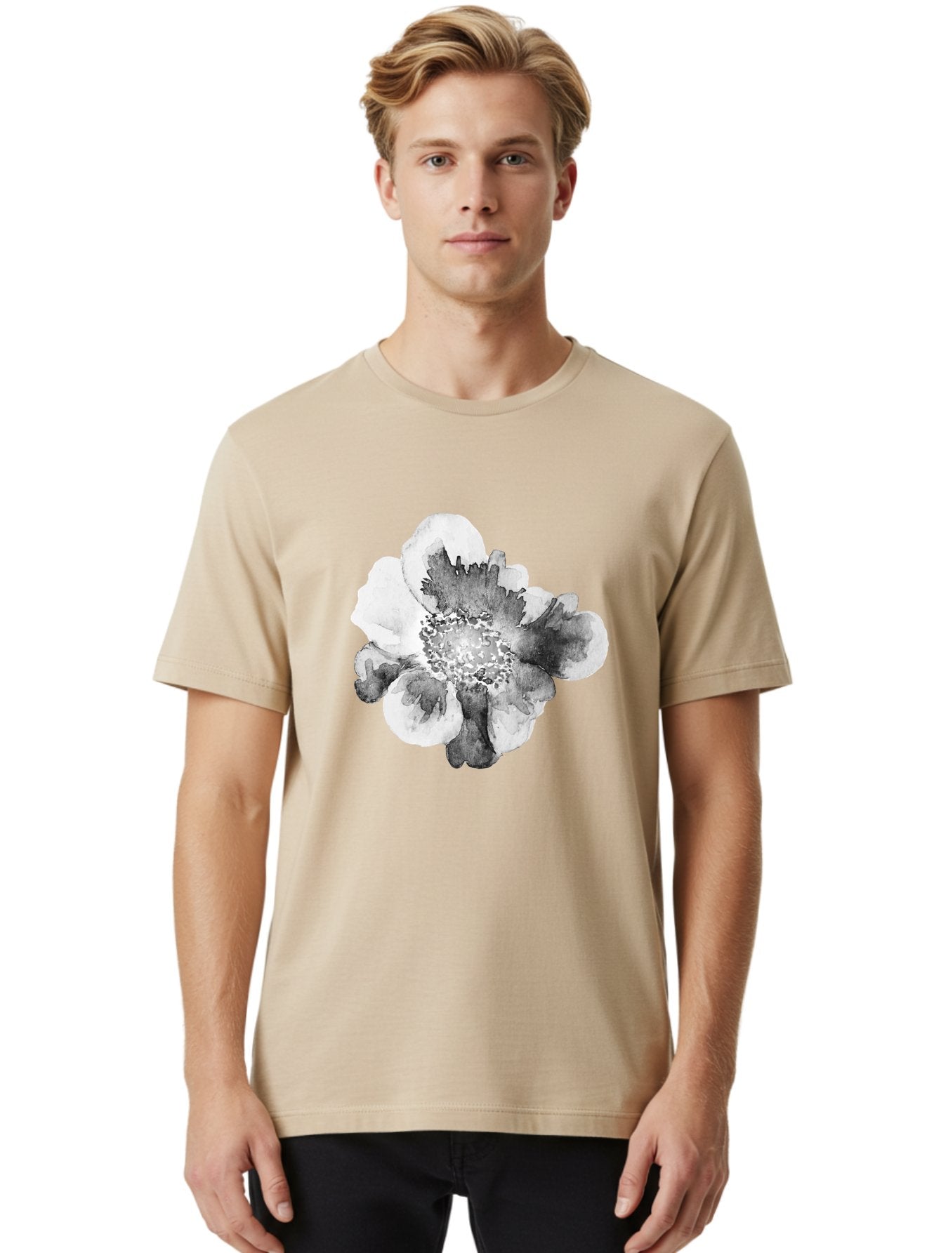 Watercolor-Flower Men'S Graphic Tee, 100% Cotton, Comfortable Casual Summer Wear, Machine Washable, Watercolor Flower, Black And White Petals, Delicate Artwork, Floral Design, Artistic Expression, Elegant Simplicity, Minimalist Style, Aac361 19