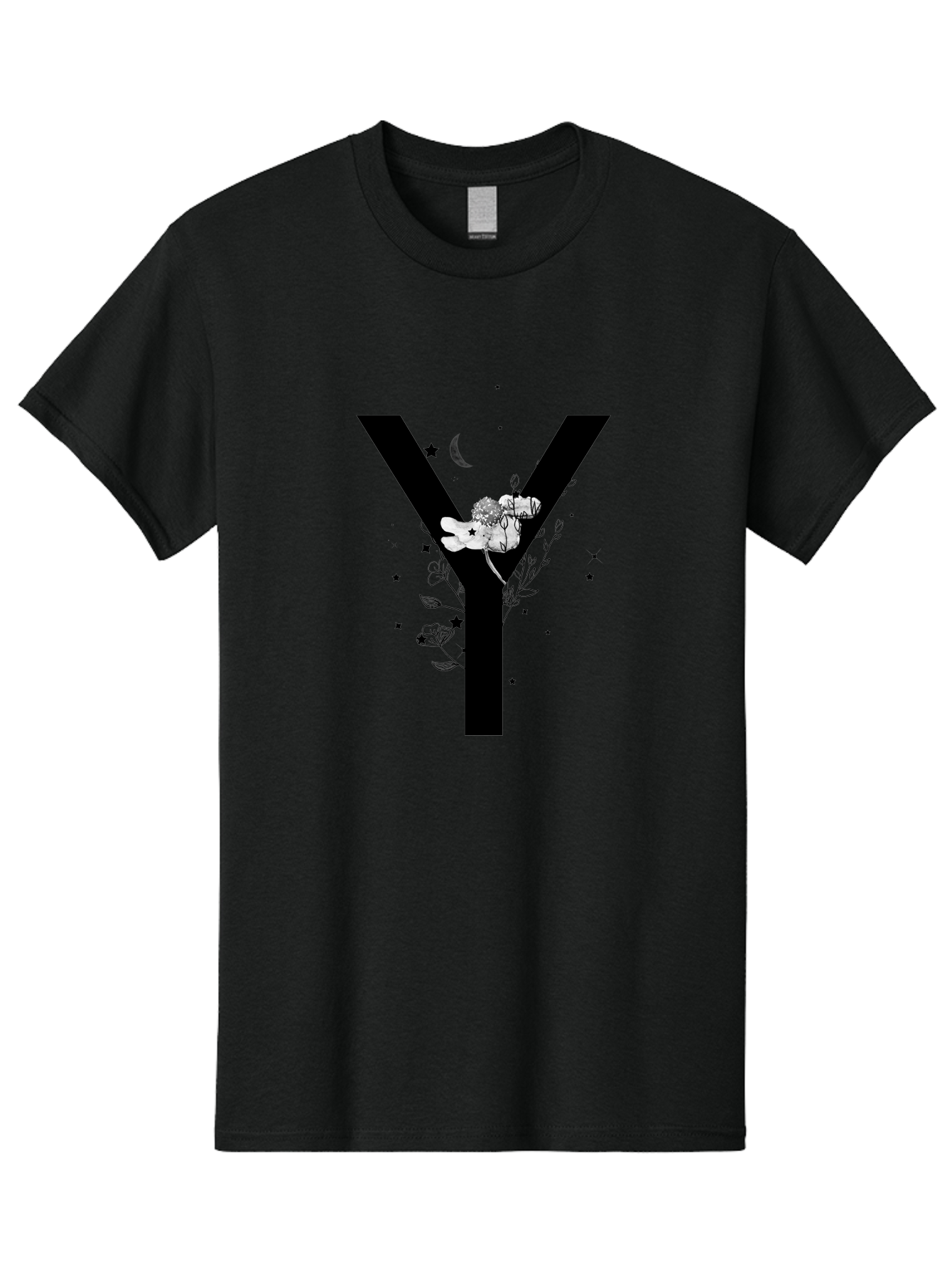 Y Men'S Graphic Tee, 100% Cotton, Comfortable Casual Summer Wear, Machine Washable, Letter Y, Floral Design, Black And White, Mystical Vibes, Celestial Theme, Flowers, Stars, Moon, Elegant Typography, Symbolic Art Aac366 7