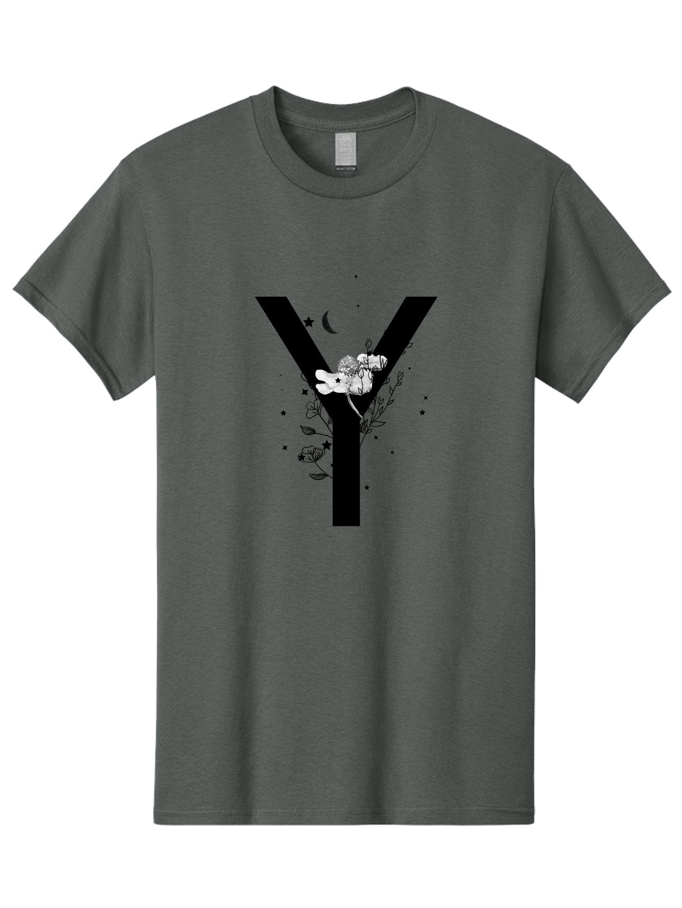 Y Men'S Graphic Tee, 100% Cotton, Comfortable Casual Summer Wear, Machine Washable, Letter Y, Floral Design, Black And White, Mystical Vibes, Celestial Theme, Flowers, Stars, Moon, Elegant Typography, Symbolic Art Aac366 10