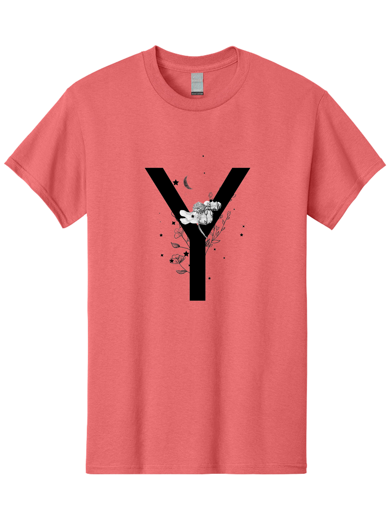 Y Men'S Graphic Tee, 100% Cotton, Comfortable Casual Summer Wear, Machine Washable, Letter Y, Floral Design, Black And White, Mystical Vibes, Celestial Theme, Flowers, Stars, Moon, Elegant Typography, Symbolic Art Aac366 5