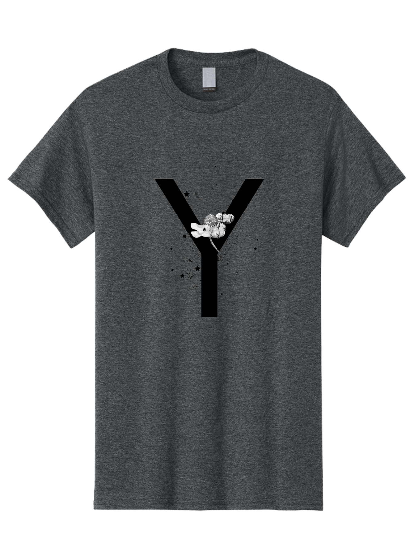 Y Men'S Graphic Tee, 100% Cotton, Comfortable Casual Summer Wear, Machine Washable, Letter Y, Floral Design, Black And White, Mystical Vibes, Celestial Theme, Flowers, Stars, Moon, Elegant Typography, Symbolic Art Aac366 17