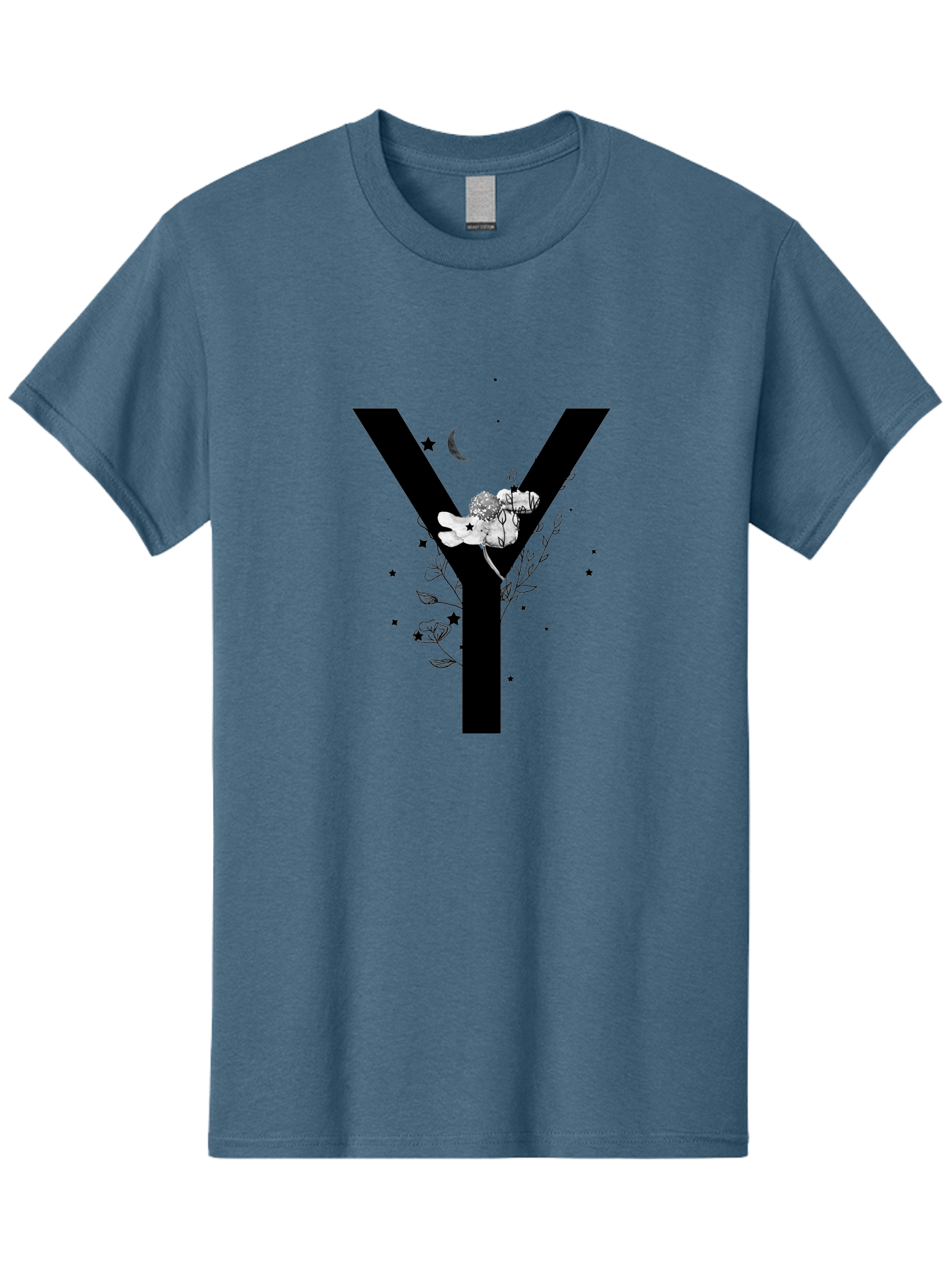 Y Men'S Graphic Tee, 100% Cotton, Comfortable Casual Summer Wear, Machine Washable, Letter Y, Floral Design, Black And White, Mystical Vibes, Celestial Theme, Flowers, Stars, Moon, Elegant Typography, Symbolic Art Aac366 23