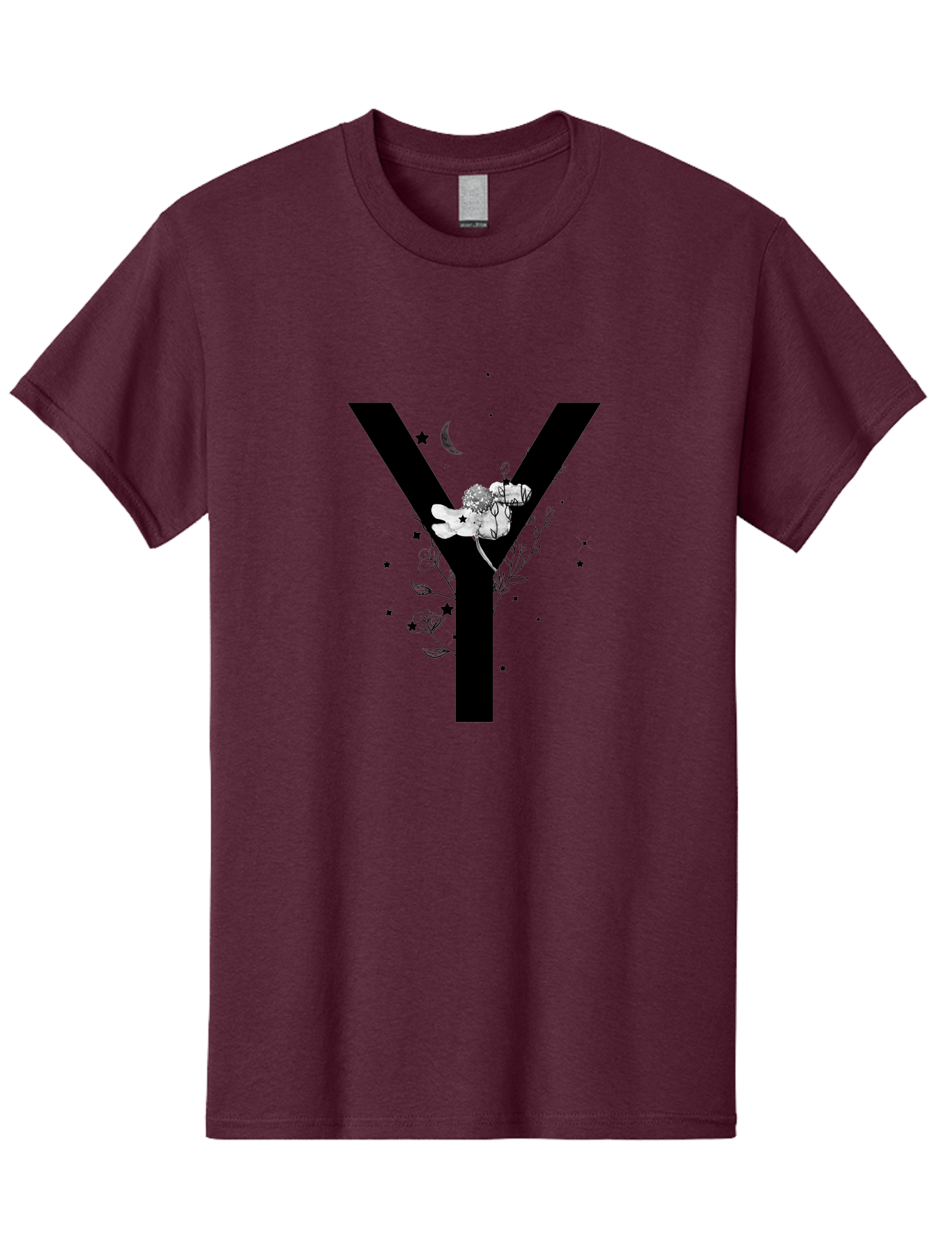 Y Men'S Graphic Tee, 100% Cotton, Comfortable Casual Summer Wear, Machine Washable, Letter Y, Floral Design, Black And White, Mystical Vibes, Celestial Theme, Flowers, Stars, Moon, Elegant Typography, Symbolic Art Aac366 19