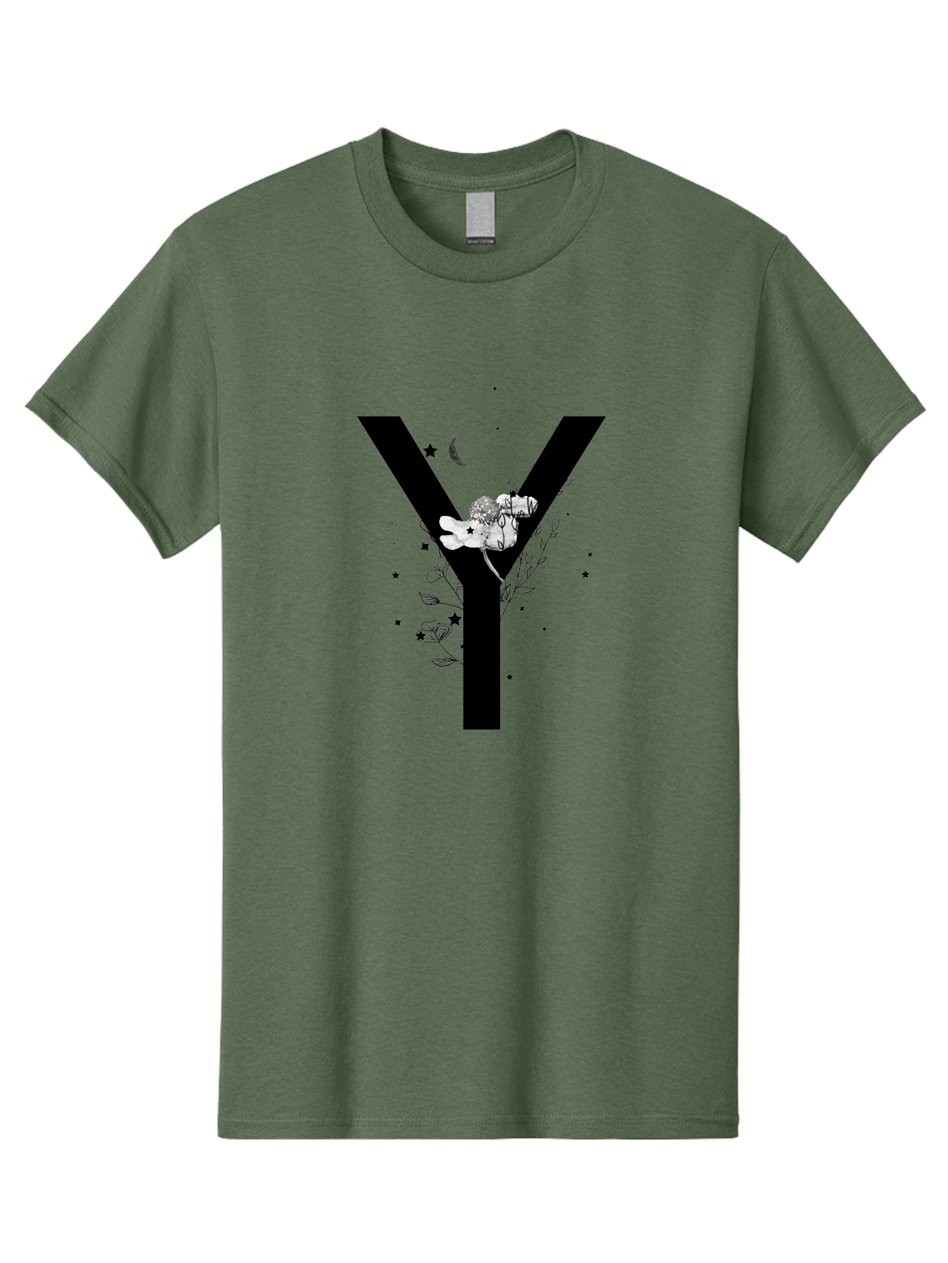 Y Men'S Graphic Tee, 100% Cotton, Comfortable Casual Summer Wear, Machine Washable, Letter Y, Floral Design, Black And White, Mystical Vibes, Celestial Theme, Flowers, Stars, Moon, Elegant Typography, Symbolic Art Aac366 29