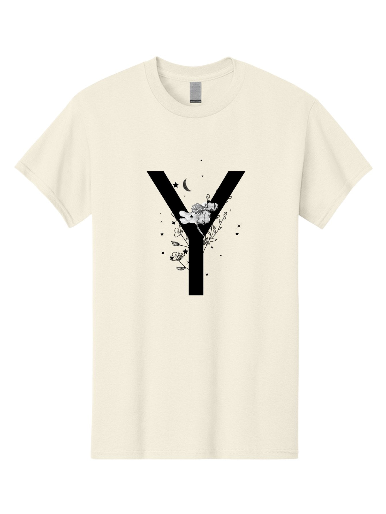 Y Men'S Graphic Tee, 100% Cotton, Comfortable Casual Summer Wear, Machine Washable, Letter Y, Floral Design, Black And White, Mystical Vibes, Celestial Theme, Flowers, Stars, Moon, Elegant Typography, Symbolic Art Aac366 15