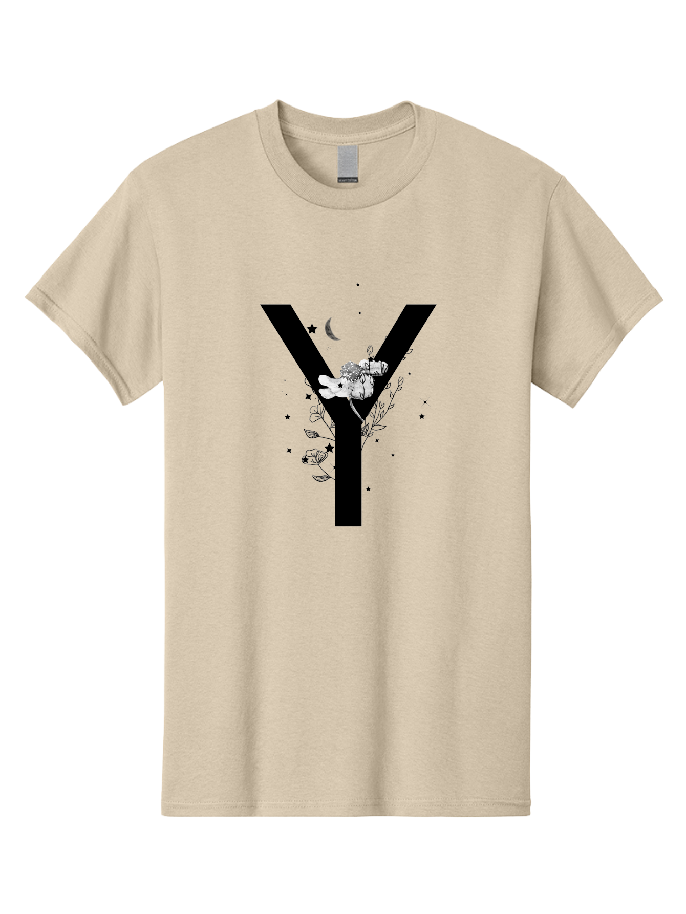 Y Men'S Graphic Tee, 100% Cotton, Comfortable Casual Summer Wear, Machine Washable, Letter Y, Floral Design, Black And White, Mystical Vibes, Celestial Theme, Flowers, Stars, Moon, Elegant Typography, Symbolic Art Aac366 25