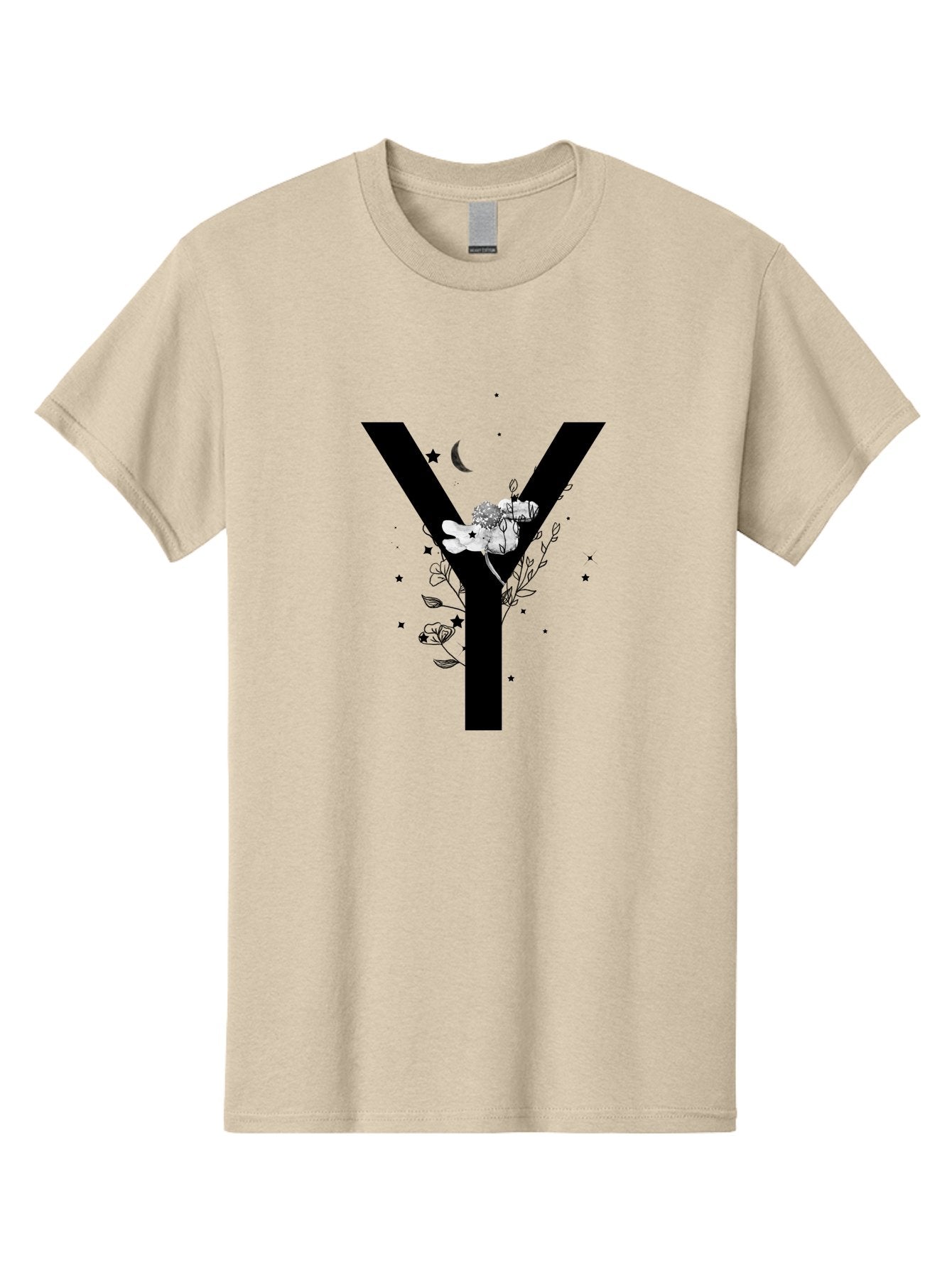 Y Men'S Graphic Tee, 100% Cotton, Comfortable Casual Summer Wear, Machine Washable, Letter Y, Floral Design, Black And White, Mystical Vibes, Celestial Theme, Flowers, Stars, Moon, Elegant Typography, Symbolic Art Aac366 7