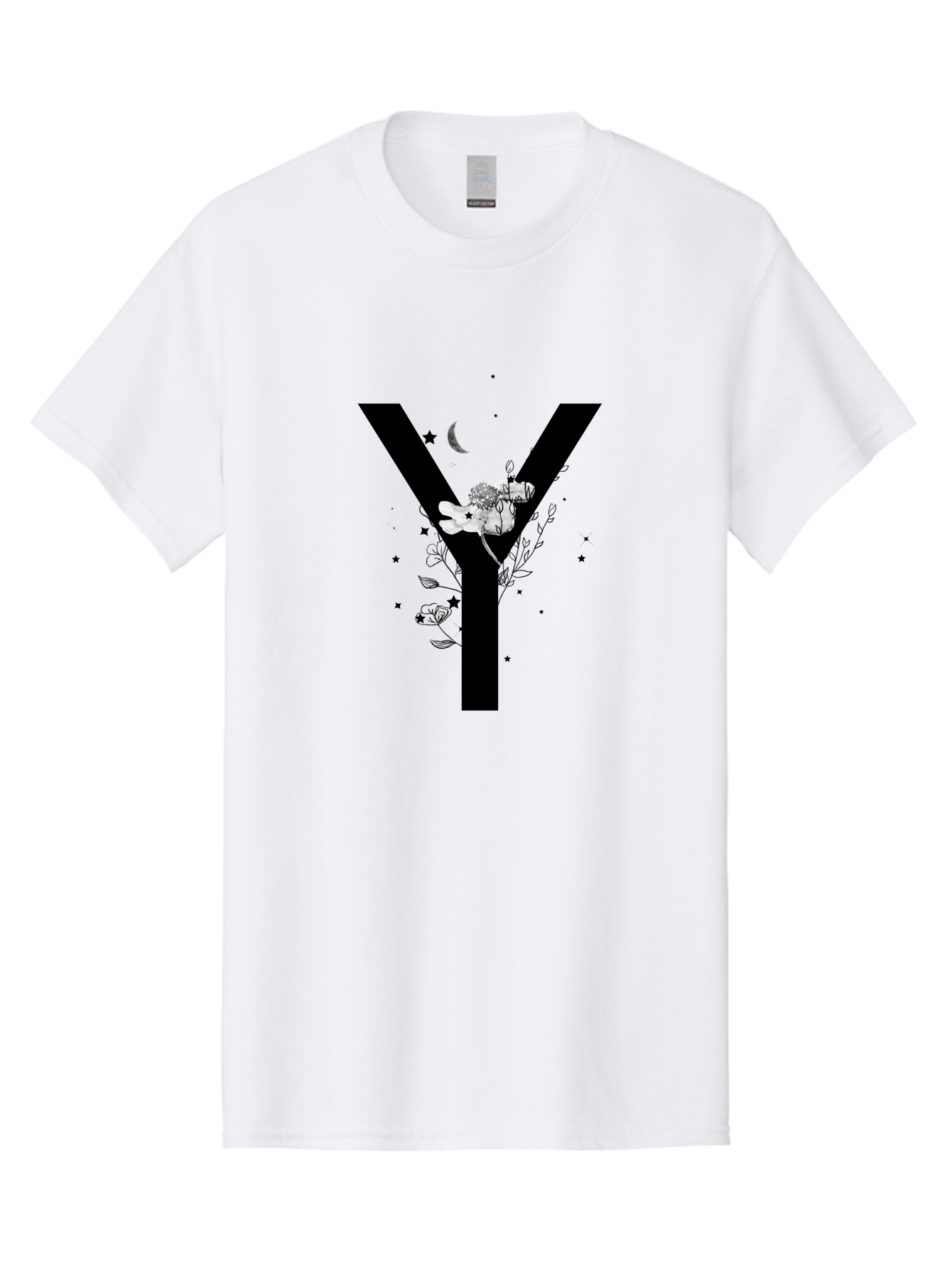 Y Men'S Graphic Tee, 100% Cotton, Comfortable Casual Summer Wear, Machine Washable, Letter Y, Floral Design, Black And White, Mystical Vibes, Celestial Theme, Flowers, Stars, Moon, Elegant Typography, Symbolic Art Aac366 3