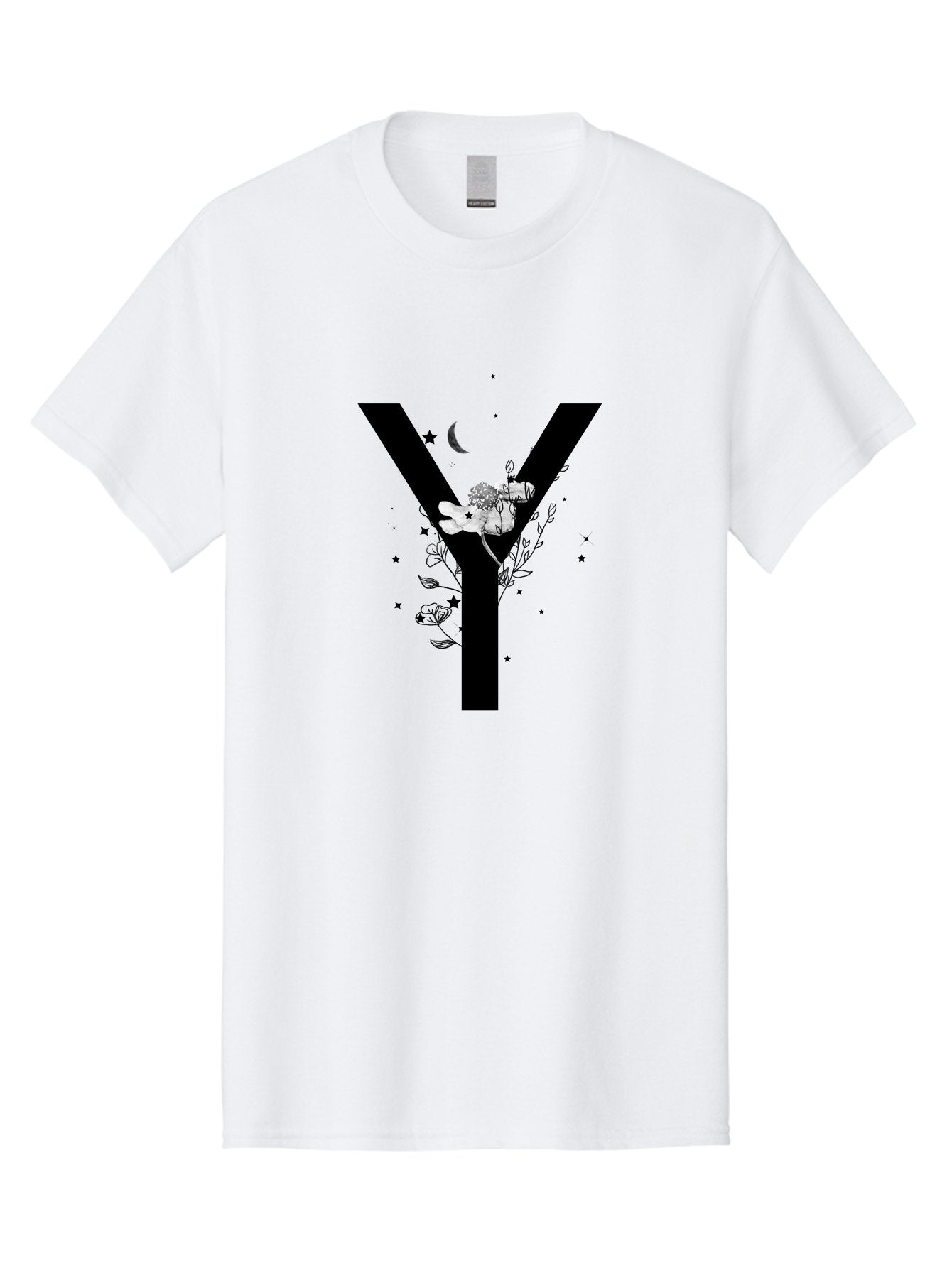 Y Men'S Graphic Tee, 100% Cotton, Comfortable Casual Summer Wear, Machine Washable, Letter Y, Floral Design, Black And White, Mystical Vibes, Celestial Theme, Flowers, Stars, Moon, Elegant Typography, Symbolic Art Aac366 14