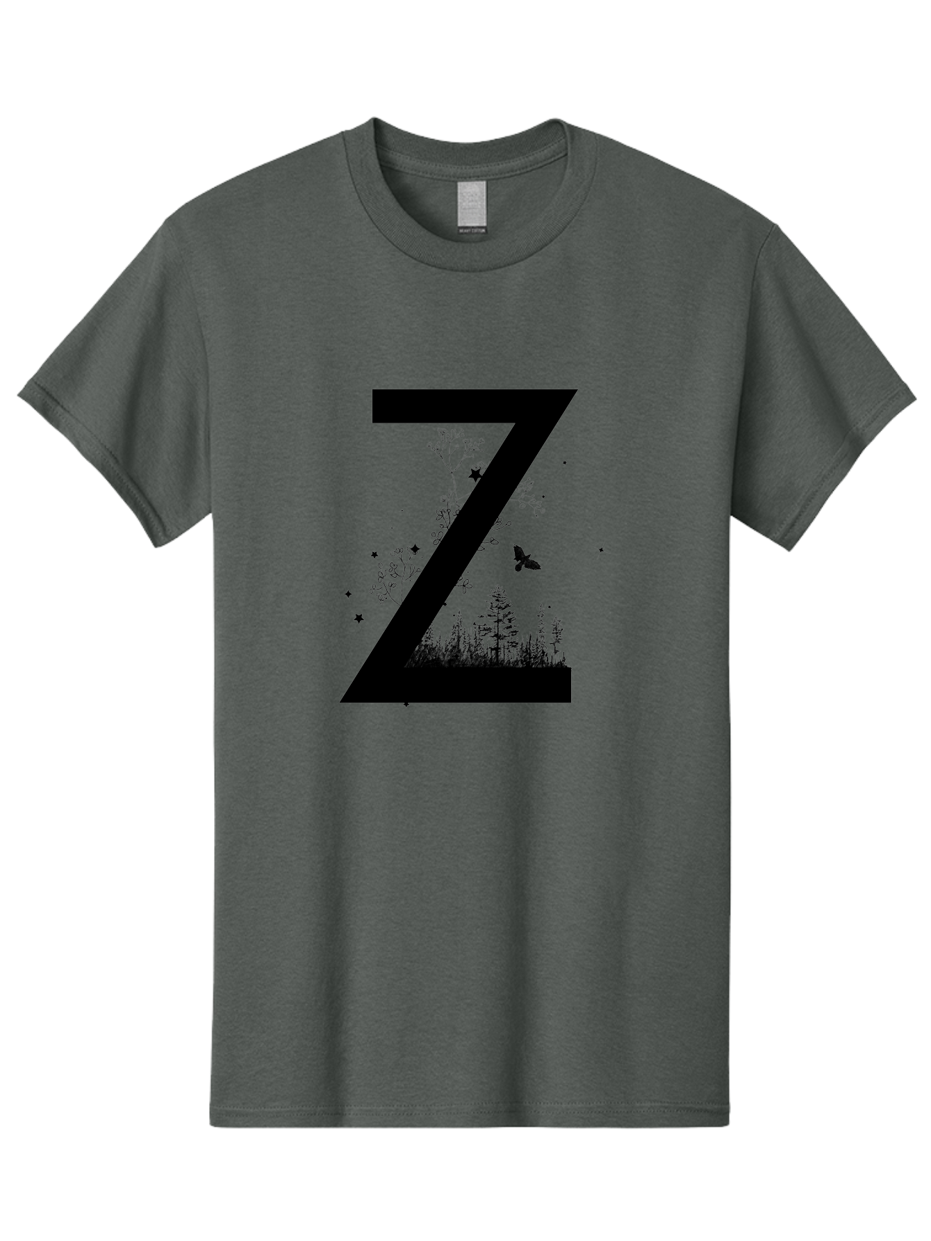 Z Men'S Graphic Tee, 100% Cotton, Comfortable Casual Summer Wear, Machine Washable, Black Letter Z, Forest Silhouettes, Flying Butterfly, Floral Elements, Stars, Nature-Inspired Design, Typography Art Aac367 17