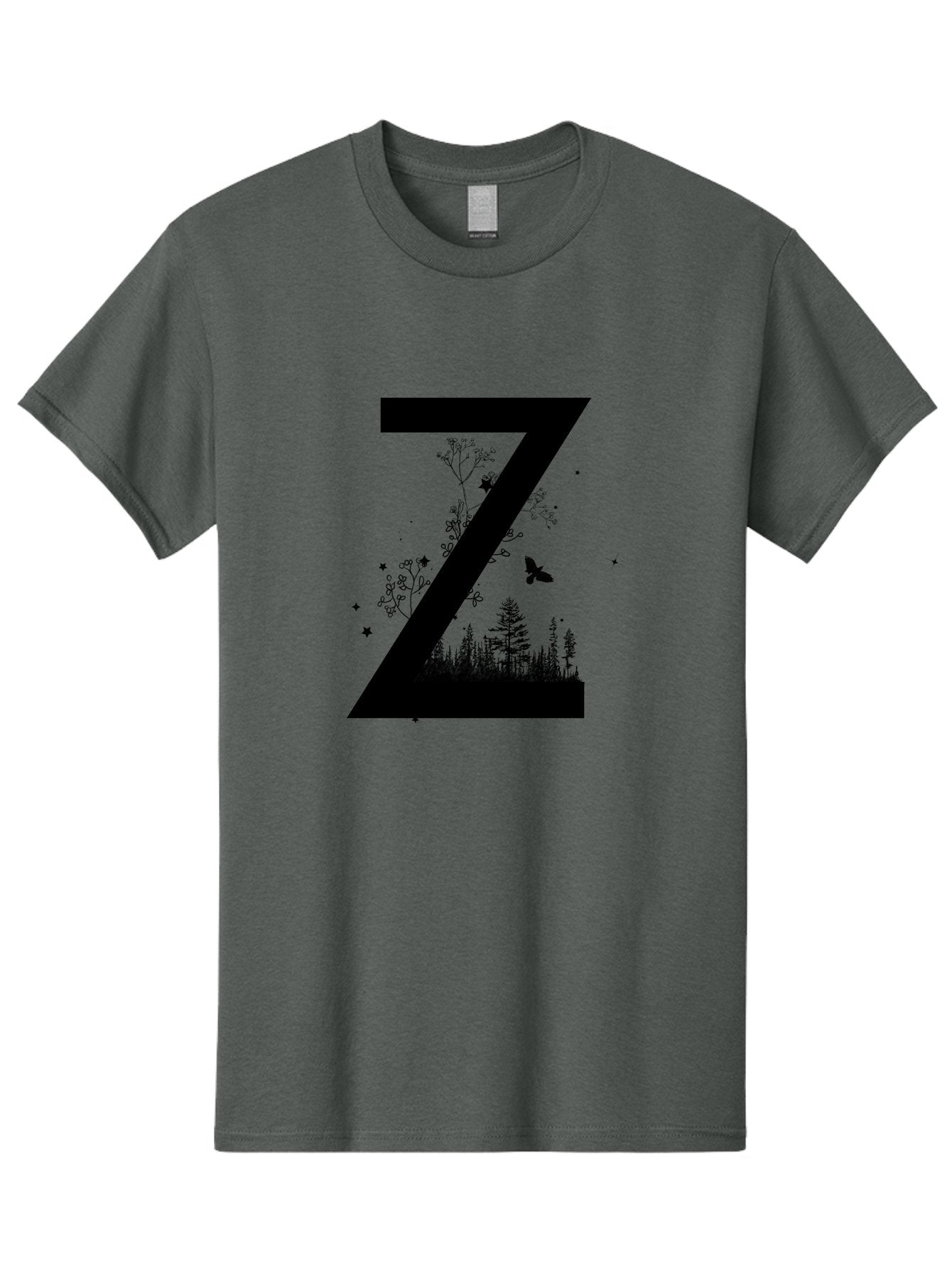 Z Men'S Graphic Tee, 100% Cotton, Comfortable Casual Summer Wear, Machine Washable, Black Letter Z, Forest Silhouettes, Flying Butterfly, Floral Elements, Stars, Nature-Inspired Design, Typography Art Aac367 3