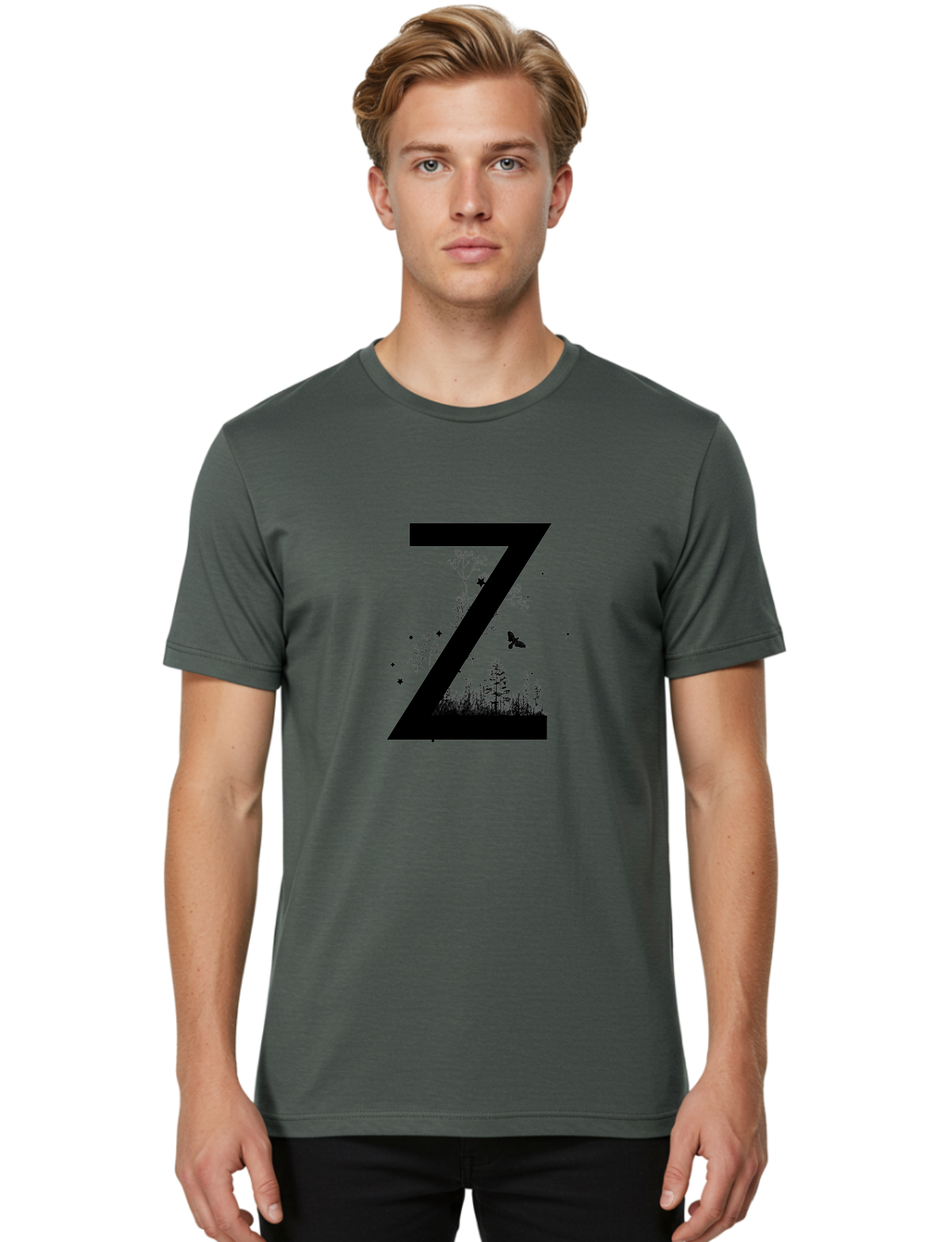 Z Men'S Graphic Tee, 100% Cotton, Comfortable Casual Summer Wear, Machine Washable, Black Letter Z, Forest Silhouettes, Flying Butterfly, Floral Elements, Stars, Nature-Inspired Design, Typography Art Aac367 18