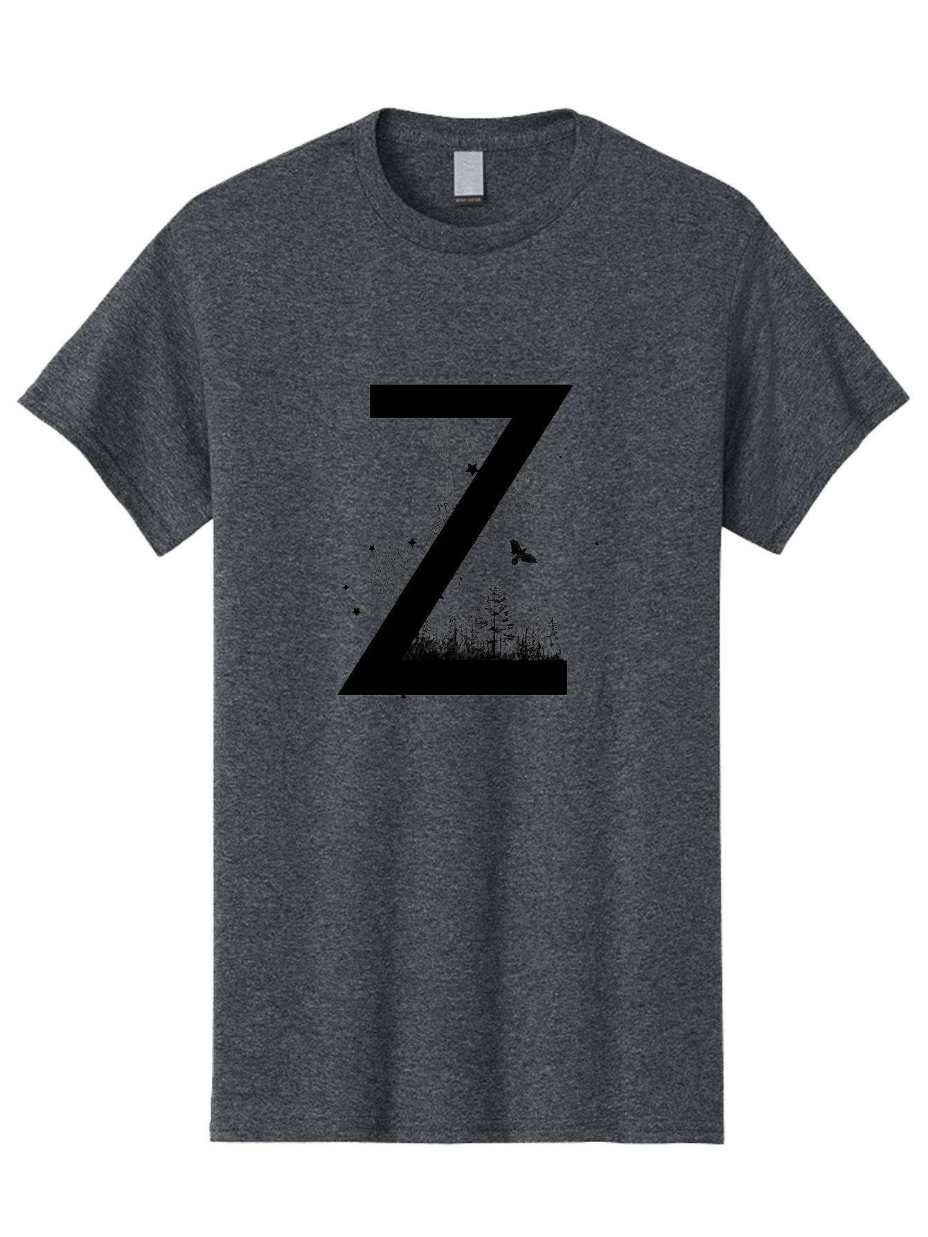 Z Men'S Graphic Tee, 100% Cotton, Comfortable Casual Summer Wear, Machine Washable, Black Letter Z, Forest Silhouettes, Flying Butterfly, Floral Elements, Stars, Nature-Inspired Design, Typography Art Aac367 27