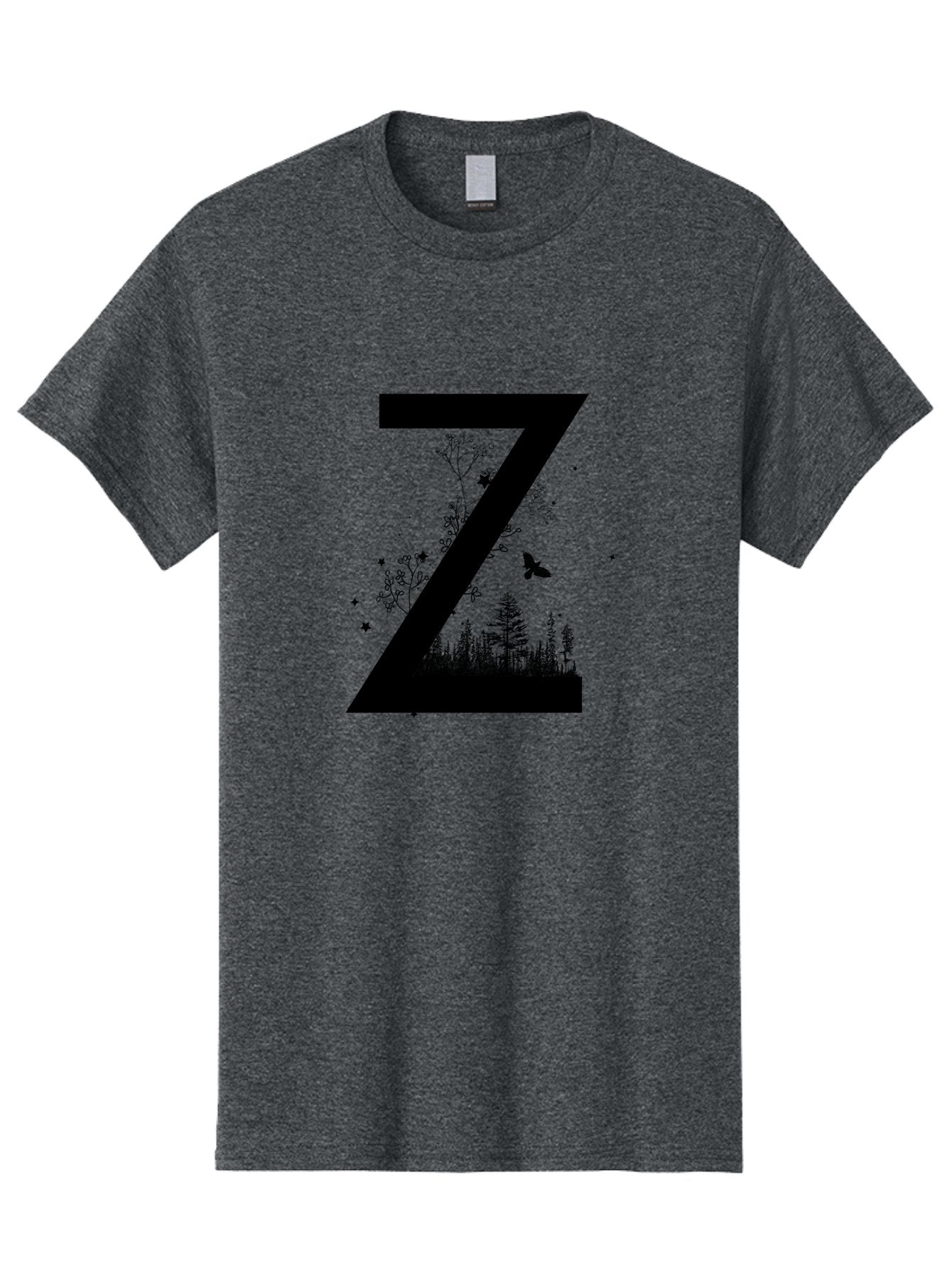 Z Men'S Graphic Tee, 100% Cotton, Comfortable Casual Summer Wear, Machine Washable, Black Letter Z, Forest Silhouettes, Flying Butterfly, Floral Elements, Stars, Nature-Inspired Design, Typography Art Aac367 10