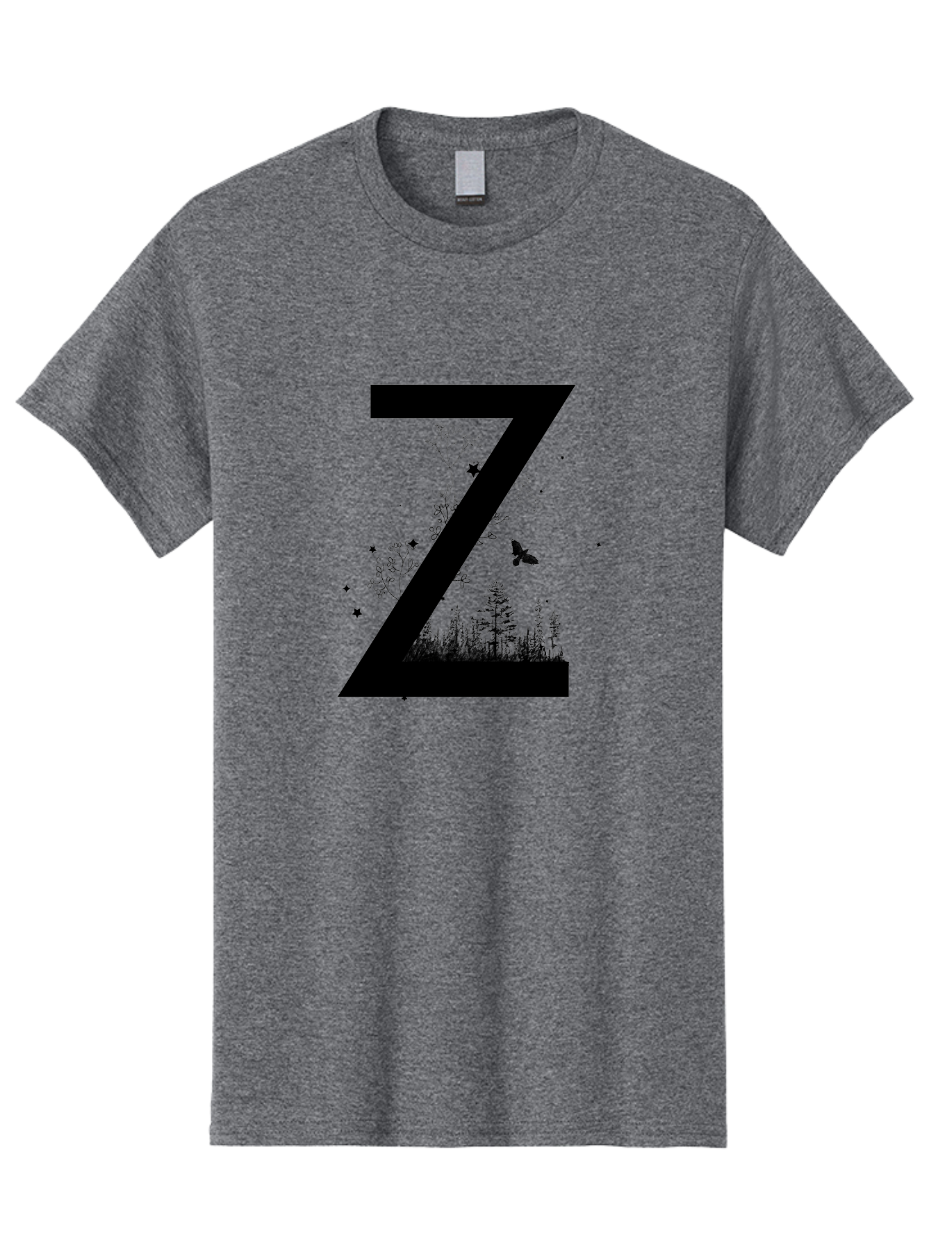 Z Men'S Graphic Tee, 100% Cotton, Comfortable Casual Summer Wear, Machine Washable, Black Letter Z, Forest Silhouettes, Flying Butterfly, Floral Elements, Stars, Nature-Inspired Design, Typography Art Aac367 23