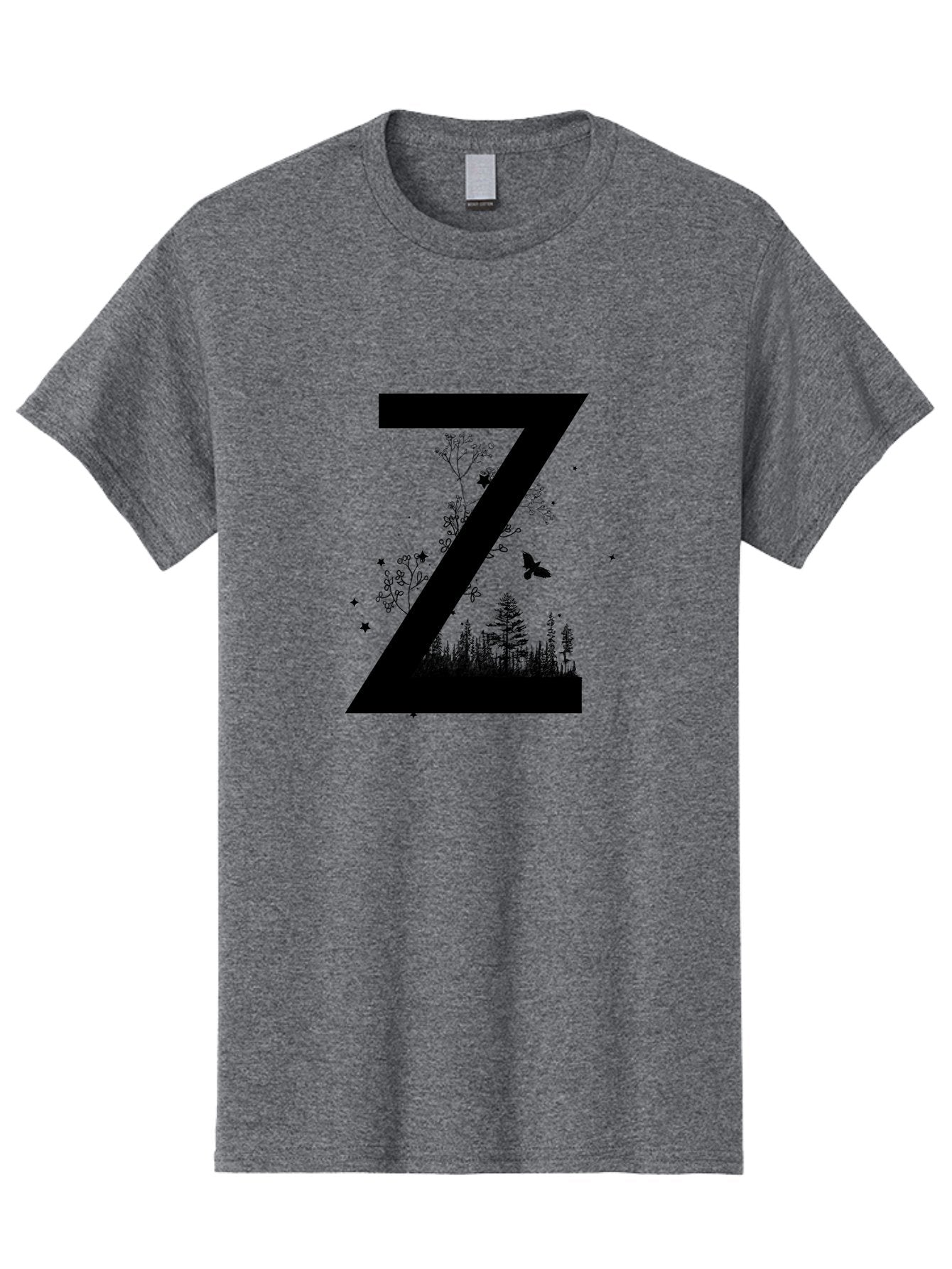 Z Men'S Graphic Tee, 100% Cotton, Comfortable Casual Summer Wear, Machine Washable, Black Letter Z, Forest Silhouettes, Flying Butterfly, Floral Elements, Stars, Nature-Inspired Design, Typography Art Aac367 4