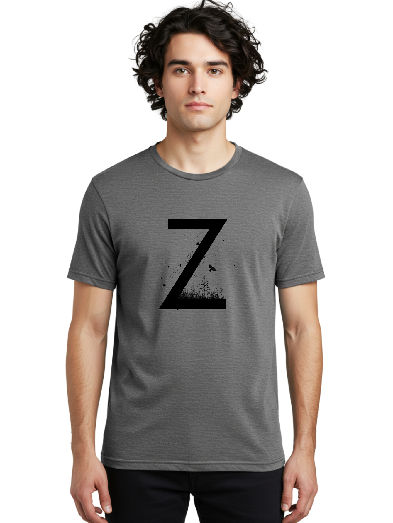 Z Men'S Graphic Tee, 100% Cotton, Comfortable Casual Summer Wear, Machine Washable, Black Letter Z, Forest Silhouettes, Flying Butterfly, Floral Elements, Stars, Nature-Inspired Design, Typography Art Aac367 24