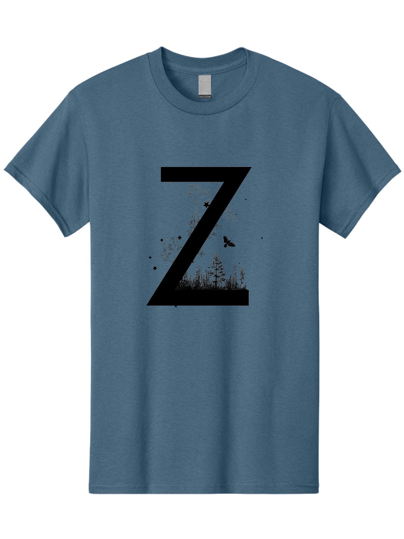 Z Men'S Graphic Tee, 100% Cotton, Comfortable Casual Summer Wear, Machine Washable, Black Letter Z, Forest Silhouettes, Flying Butterfly, Floral Elements, Stars, Nature-Inspired Design, Typography Art Aac367 15
