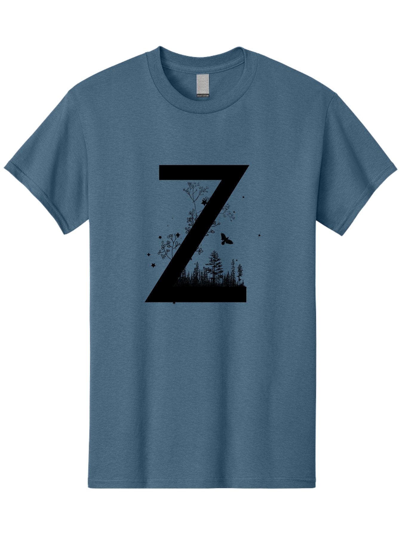 Z Men'S Graphic Tee, 100% Cotton, Comfortable Casual Summer Wear, Machine Washable, Black Letter Z, Forest Silhouettes, Flying Butterfly, Floral Elements, Stars, Nature-Inspired Design, Typography Art Aac367 5