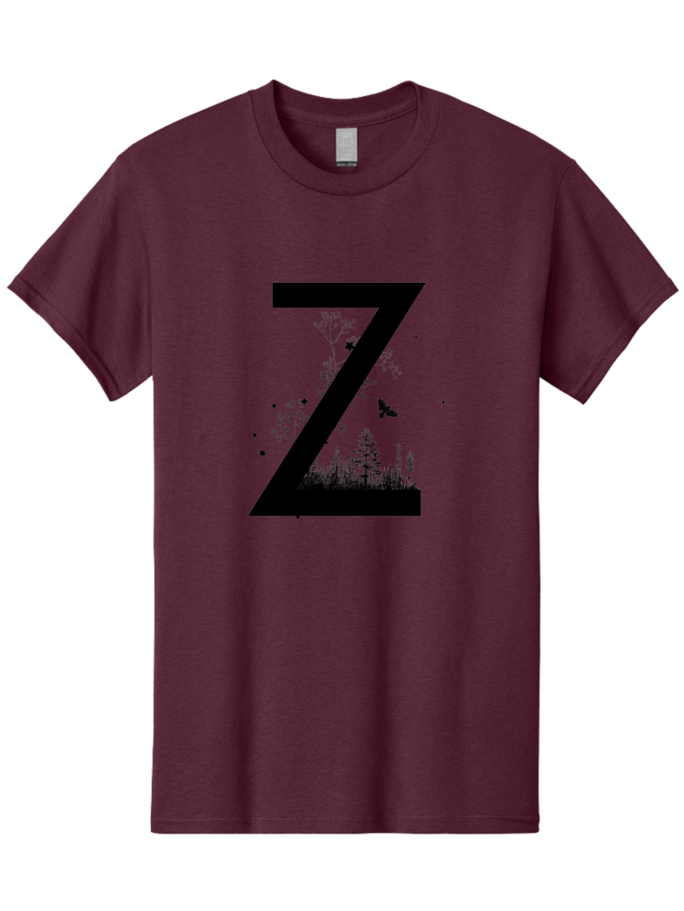 Z Men'S Graphic Tee, 100% Cotton, Comfortable Casual Summer Wear, Machine Washable, Black Letter Z, Forest Silhouettes, Flying Butterfly, Floral Elements, Stars, Nature-Inspired Design, Typography Art Aac367 21