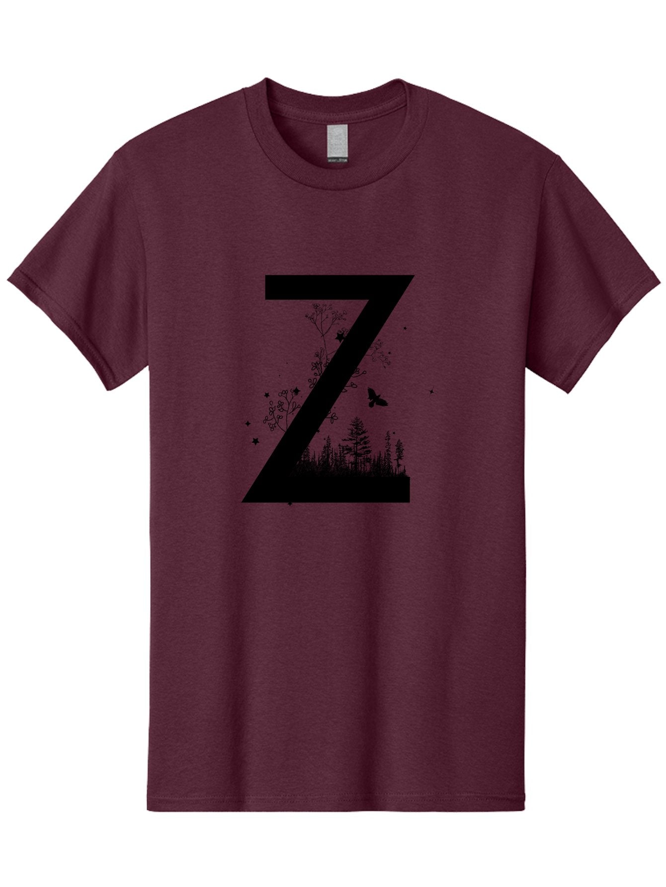 Z Men'S Graphic Tee, 100% Cotton, Comfortable Casual Summer Wear, Machine Washable, Black Letter Z, Forest Silhouettes, Flying Butterfly, Floral Elements, Stars, Nature-Inspired Design, Typography Art Aac367