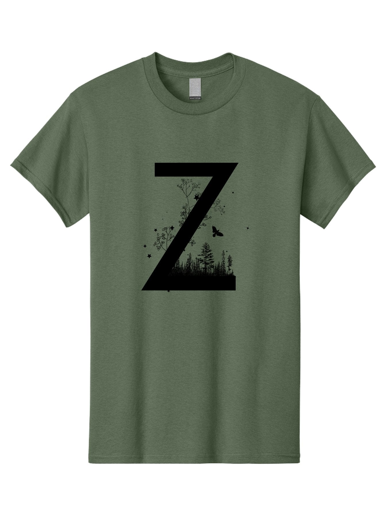 Z Men'S Graphic Tee, 100% Cotton, Comfortable Casual Summer Wear, Machine Washable, Black Letter Z, Forest Silhouettes, Flying Butterfly, Floral Elements, Stars, Nature-Inspired Design, Typography Art Aac367