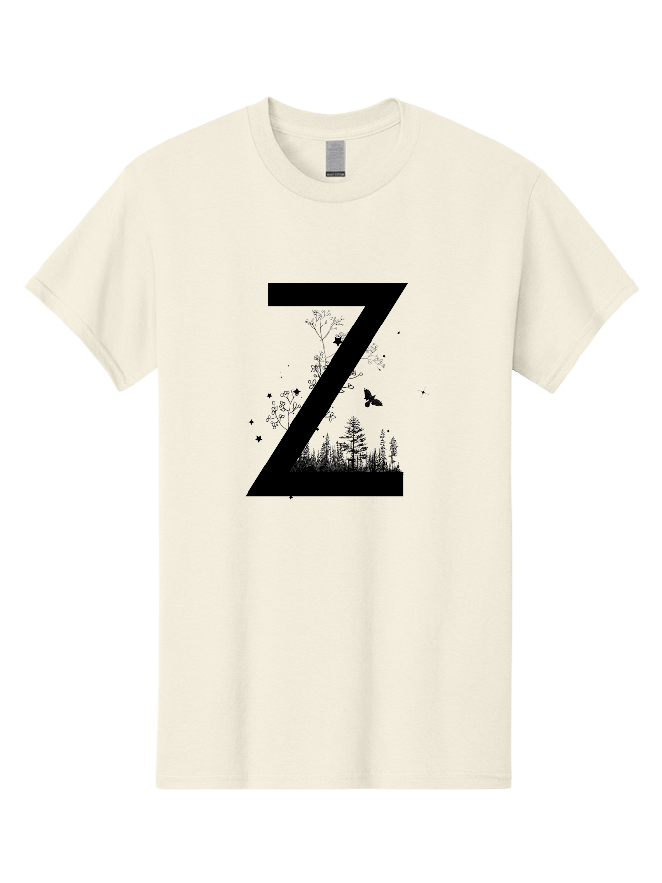 Z Men'S Graphic Tee, 100% Cotton, Comfortable Casual Summer Wear, Machine Washable, Black Letter Z, Forest Silhouettes, Flying Butterfly, Floral Elements, Stars, Nature-Inspired Design, Typography Art Aac367 13