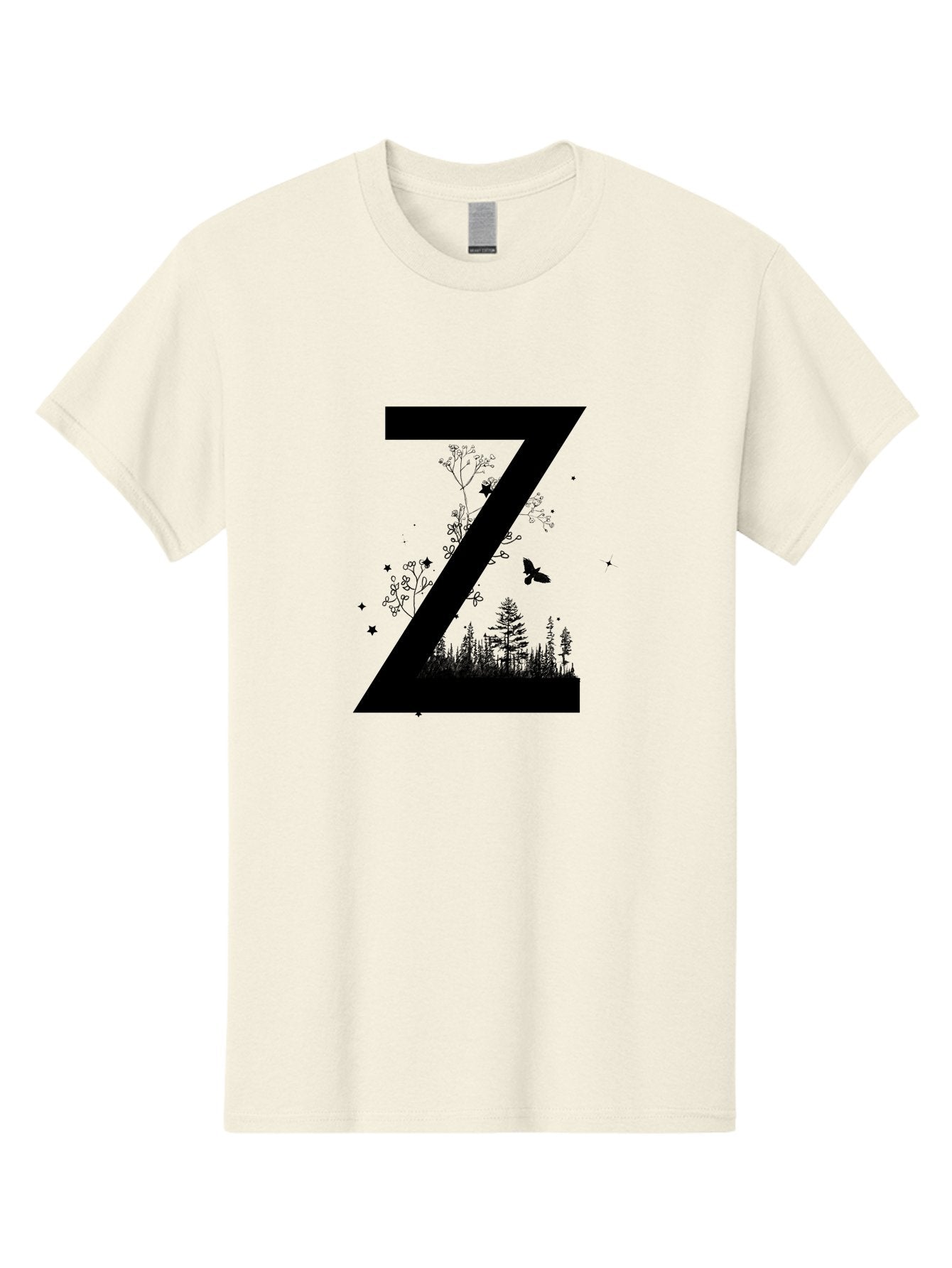 Z Men'S Graphic Tee, 100% Cotton, Comfortable Casual Summer Wear, Machine Washable, Black Letter Z, Forest Silhouettes, Flying Butterfly, Floral Elements, Stars, Nature-Inspired Design, Typography Art Aac367 6