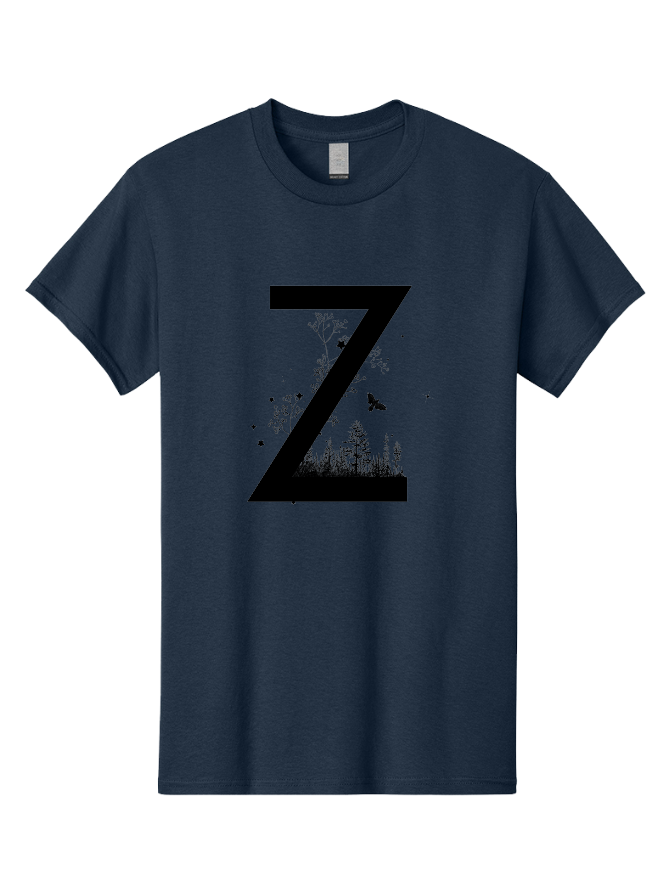 Z Men'S Graphic Tee, 100% Cotton, Comfortable Casual Summer Wear, Machine Washable, Black Letter Z, Forest Silhouettes, Flying Butterfly, Floral Elements, Stars, Nature-Inspired Design, Typography Art Aac367 25