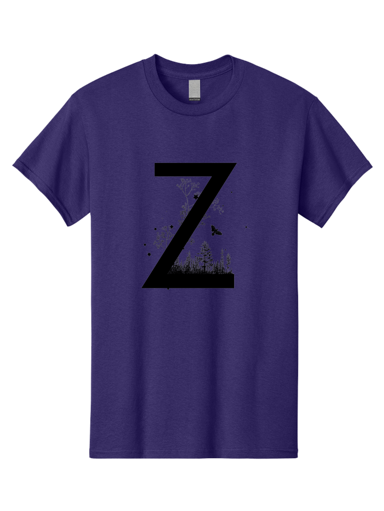 Z Men'S Graphic Tee, 100% Cotton, Comfortable Casual Summer Wear, Machine Washable, Black Letter Z, Forest Silhouettes, Flying Butterfly, Floral Elements, Stars, Nature-Inspired Design, Typography Art Aac367 29