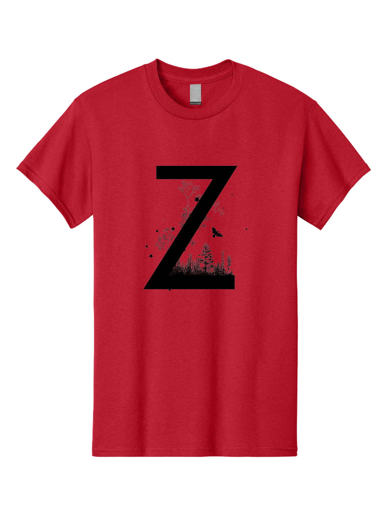 Z Men'S Graphic Tee, 100% Cotton, Comfortable Casual Summer Wear, Machine Washable, Black Letter Z, Forest Silhouettes, Flying Butterfly, Floral Elements, Stars, Nature-Inspired Design, Typography Art Aac367 11