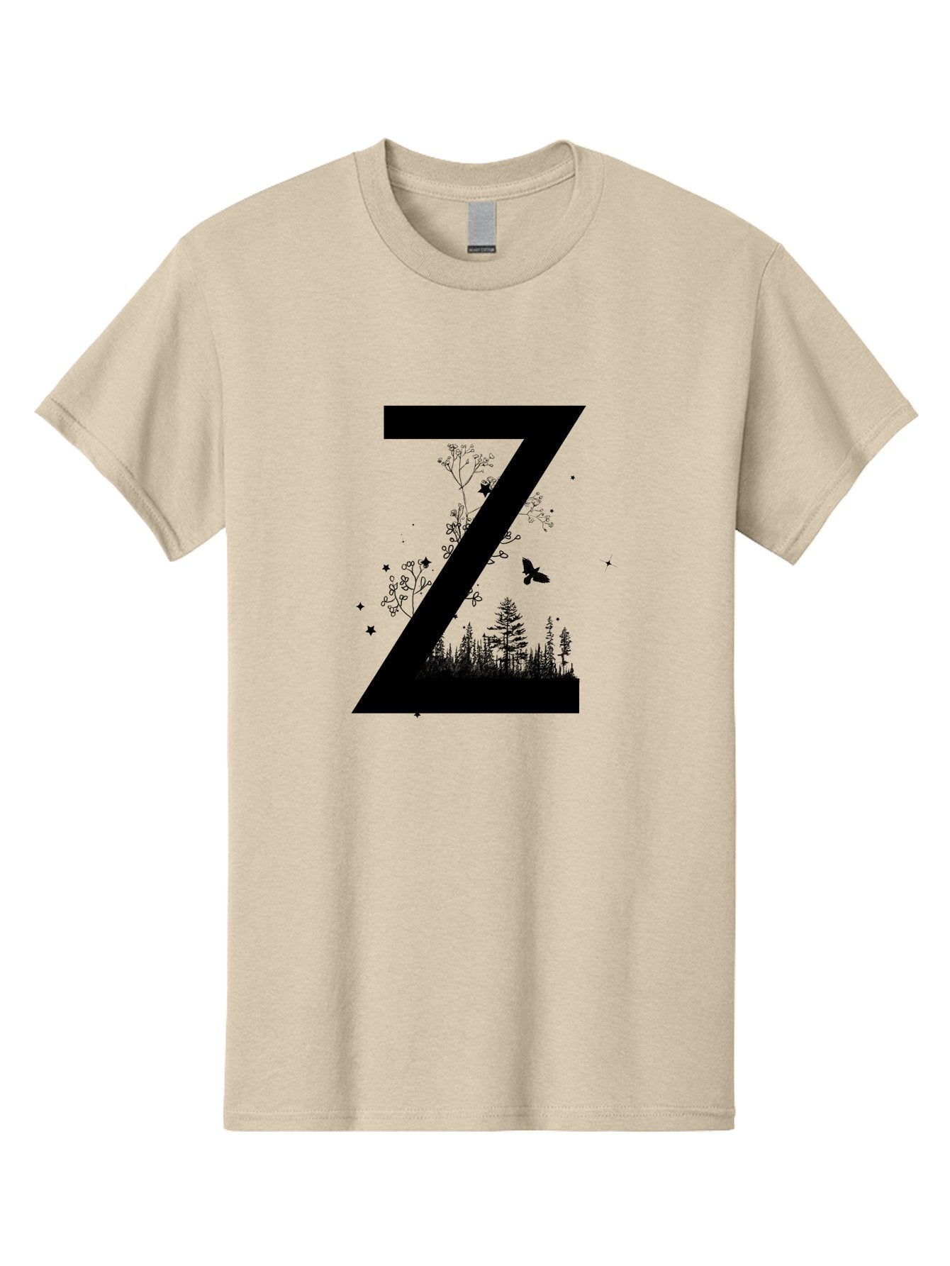 Z Men'S Graphic Tee, 100% Cotton, Comfortable Casual Summer Wear, Machine Washable, Black Letter Z, Forest Silhouettes, Flying Butterfly, Floral Elements, Stars, Nature-Inspired Design, Typography Art Aac367 14