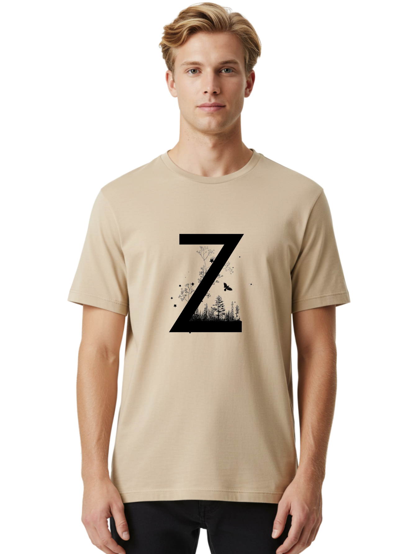Z Men'S Graphic Tee, 100% Cotton, Comfortable Casual Summer Wear, Machine Washable, Black Letter Z, Forest Silhouettes, Flying Butterfly, Floral Elements, Stars, Nature-Inspired Design, Typography Art Aac367 4