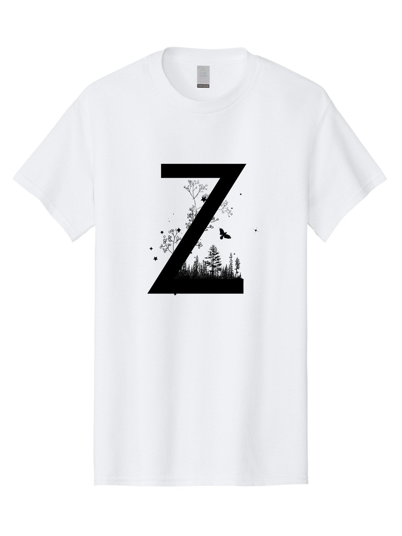 Z Men'S Graphic Tee, 100% Cotton, Comfortable Casual Summer Wear, Machine Washable, Black Letter Z, Forest Silhouettes, Flying Butterfly, Floral Elements, Stars, Nature-Inspired Design, Typography Art Aac367 12