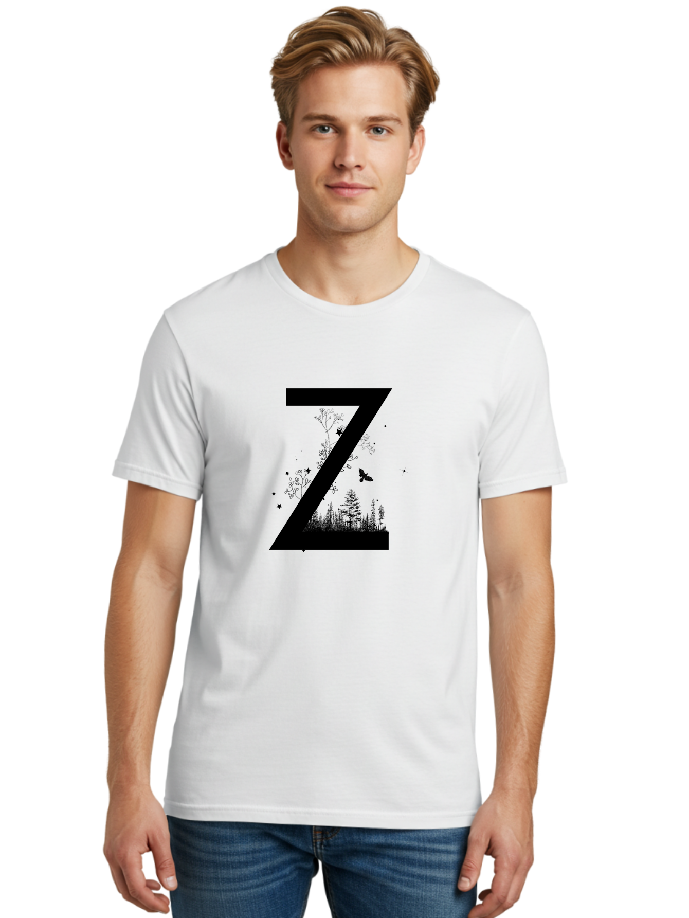 Z Men'S Graphic Tee, 100% Cotton, Comfortable Casual Summer Wear, Machine Washable, Black Letter Z, Forest Silhouettes, Flying Butterfly, Floral Elements, Stars, Nature-Inspired Design, Typography Art Aac367 6
